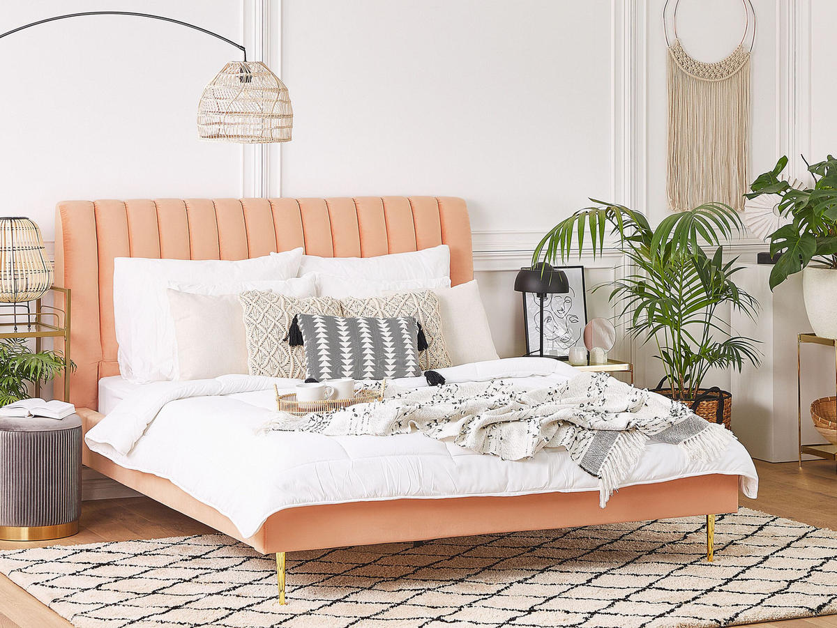 POLSTERBETT 160/200cm Pfirsichrosa Marville - Pink, Textil (160/200cm) - Beliani