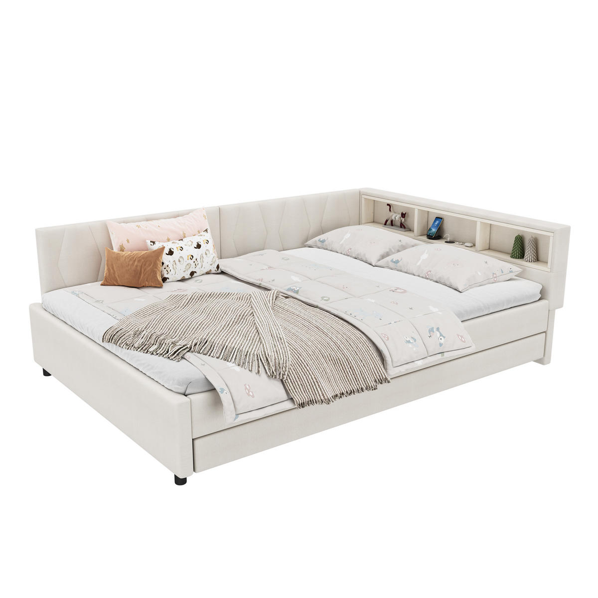 BETT mit Ablagefach und USB-Anschlüssen mit LED-Beleuchtung Leinen Beige 140/200 cm - Beige, Textil (140/200cm) - OKWISH
