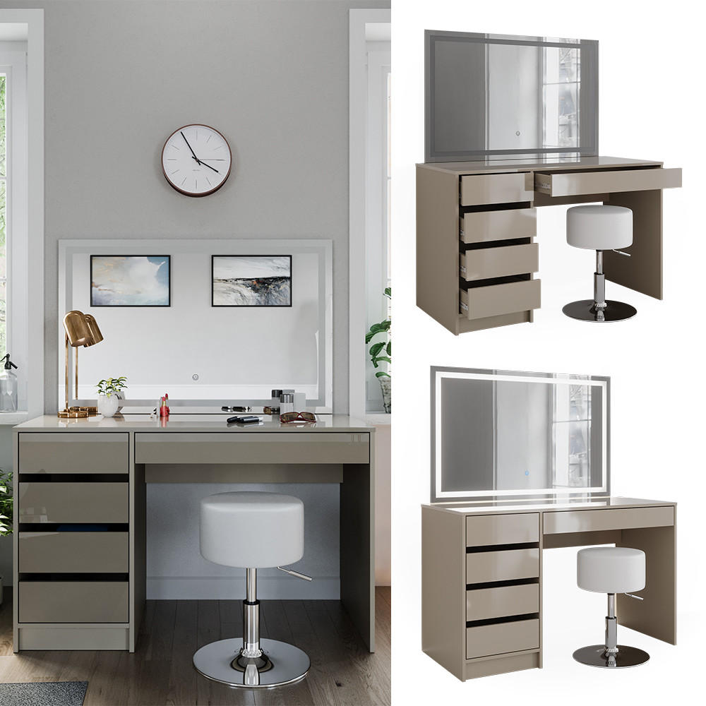 SCHMINKTISCH Sherry Greige 120 cm mit LED-Spiegel und Hocker - Greige, Holzwerkstoff (120/75/55cm) - Vicco