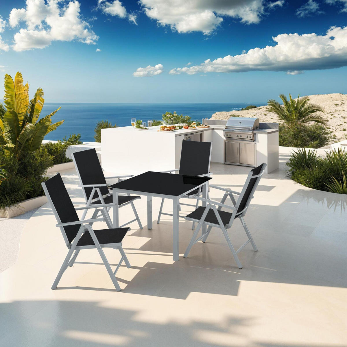 ALUMINIUM SITZGRUPPE Stabia, Tisch mit Sicherheitsglasplatte und Ausgleichsschrauben, silber - Silberfarben, Naturmaterialien/Kunststoff - tectake