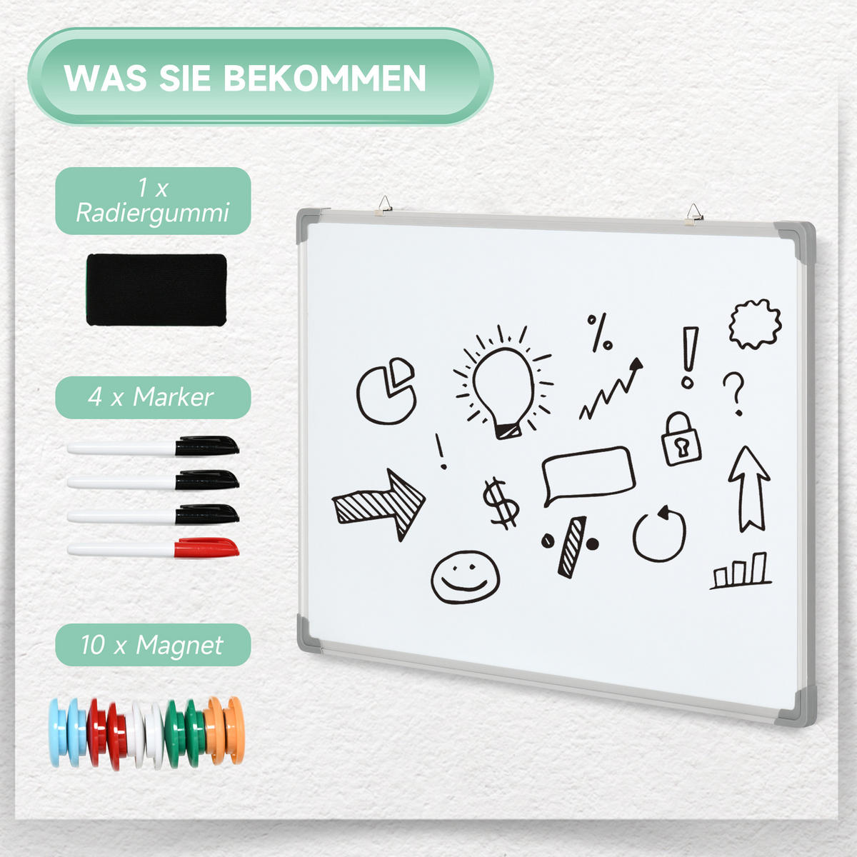 MAGNETISCHES Whiteboard, Magnettafel, Magnetboard, Trocken Abwischbar 90 x 60 cm - Weiß, Kunststoff (60/1.8/90cm) - HOMCOM