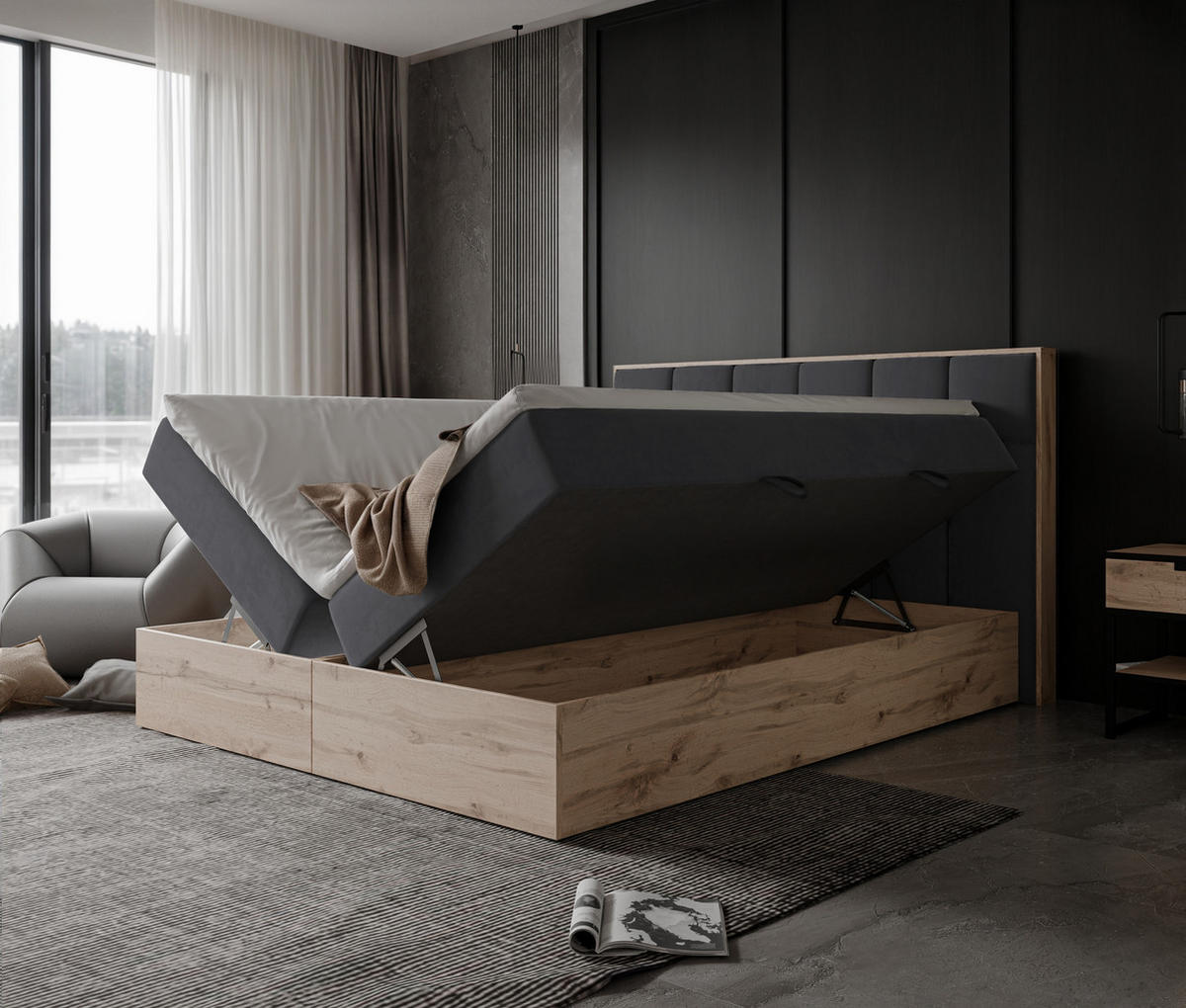BOXBETT LAVIO II 180/200 cm, in Dunkelgrau, mit Matratze und Topper - Dunkelgrau, Holzwerkstoff/Textil (180/200cm) - Idohome