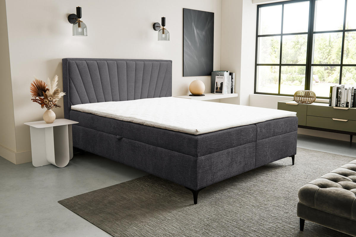 BOXBETT Cimone mit 2 Bettkästen, Maße: 160x200 cm, Farbe: Dunkelgrau , Velourstoff, mit Bonell-Matratze inkl. Topper - Dunkelgrau, Holz/Kunststoff (160/200cm) - VENASI MÖBEL