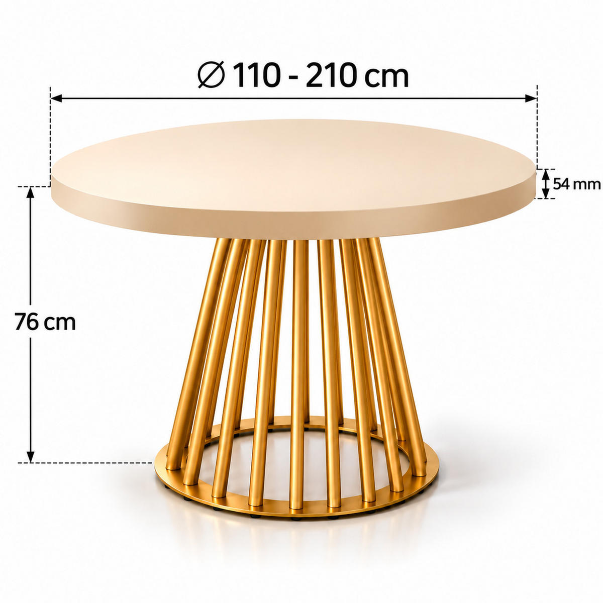 ESSTISCH rund ausziehbar 110/210/76 cm, Kaschmir, 54 cm Tischplatte + Lamellen-Metallgestell Gold - Kaschmir/Goldfarben, Holzwerkstoff/Metall (110/210/76cm) - Damale Möbel