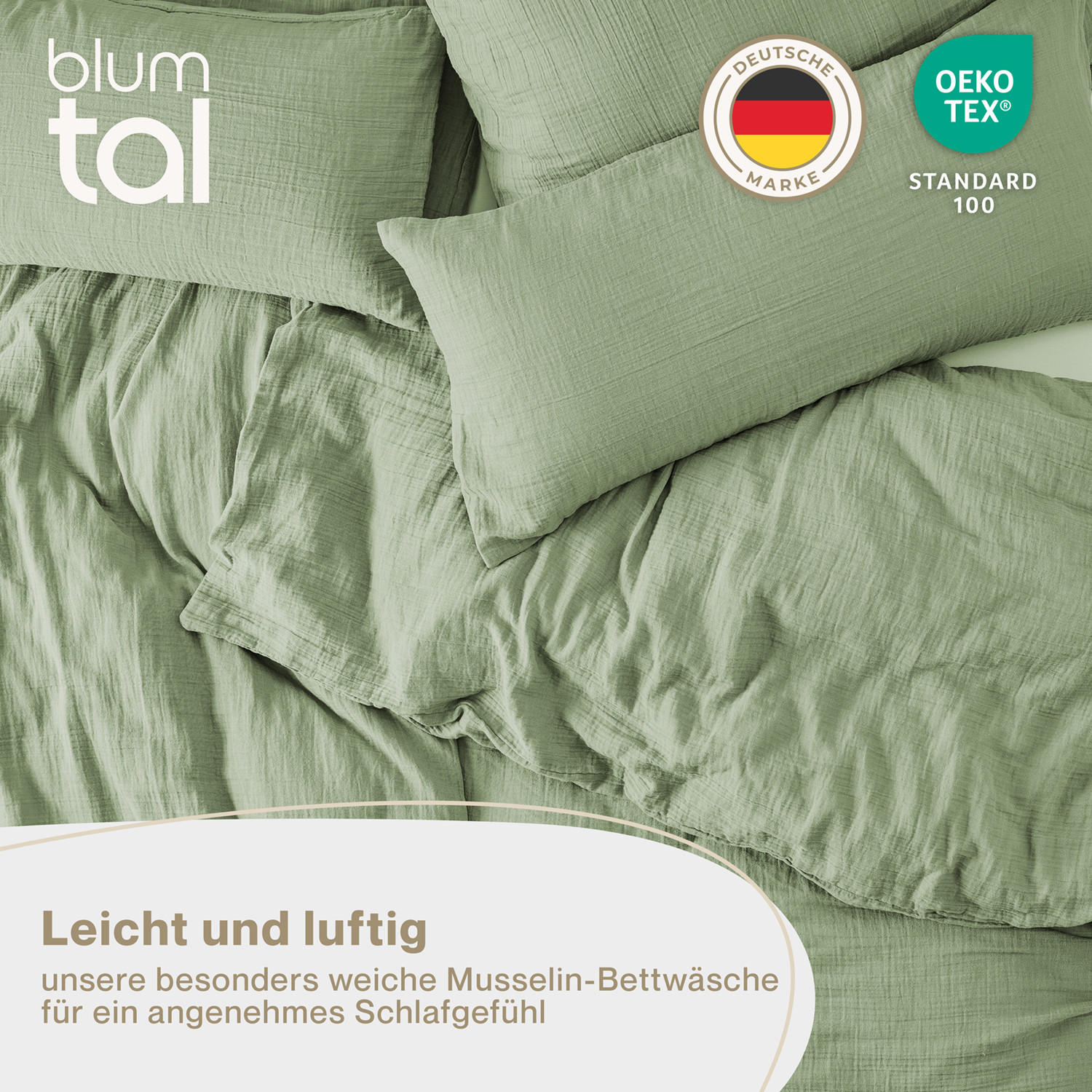 BETTWÄSCHE Musselin, 100% Baumwolle, 200/220 cm & 2x 40/80 cm - Grün, Textil (200/220cm) - Blumtal