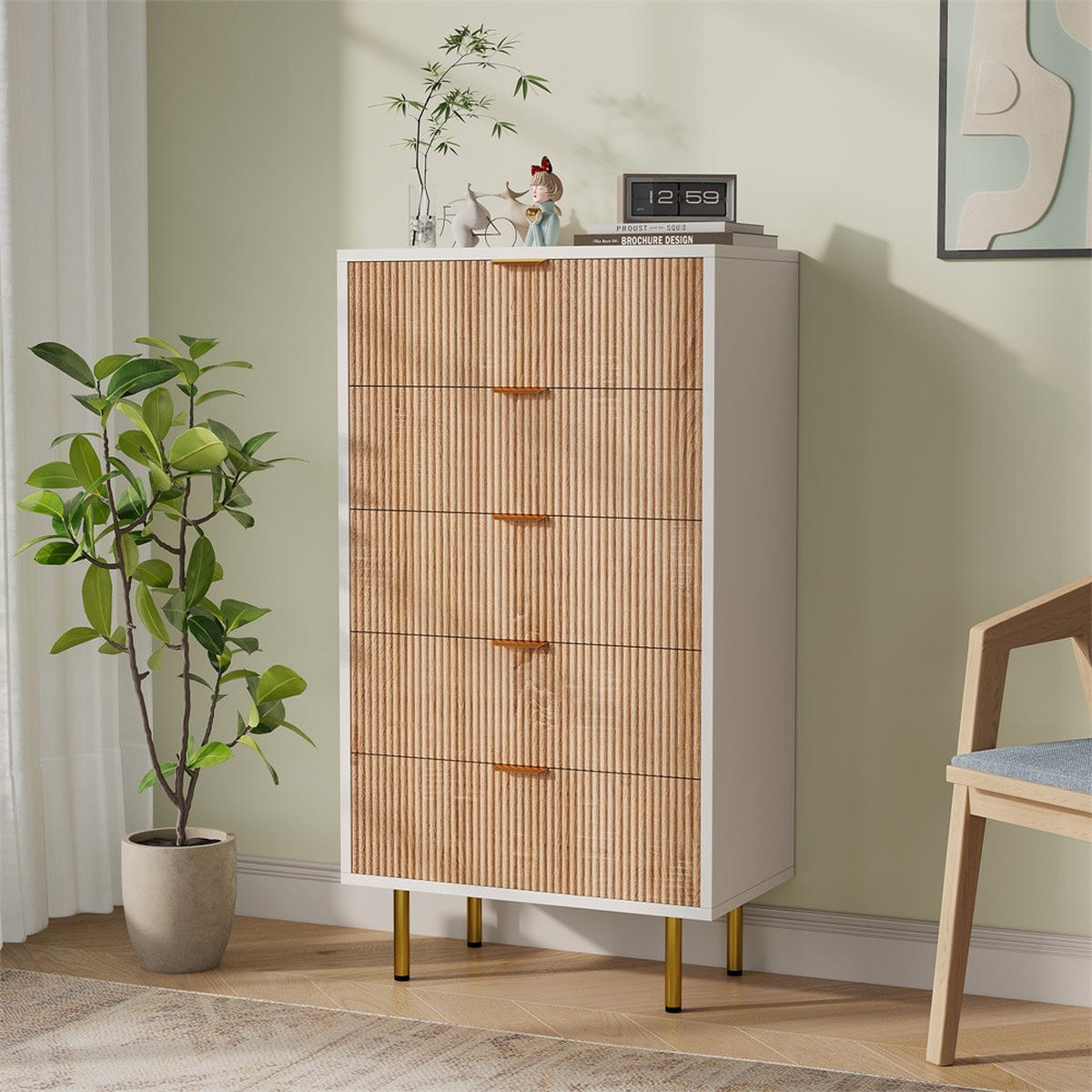 KOMMODE mit 5 Schubladen - vertikale Rillen und goldene Metallbeine - Naturholz und Weiß - Eichefarben, Holzwerkstoff (60/109.8/34cm) - DELFA