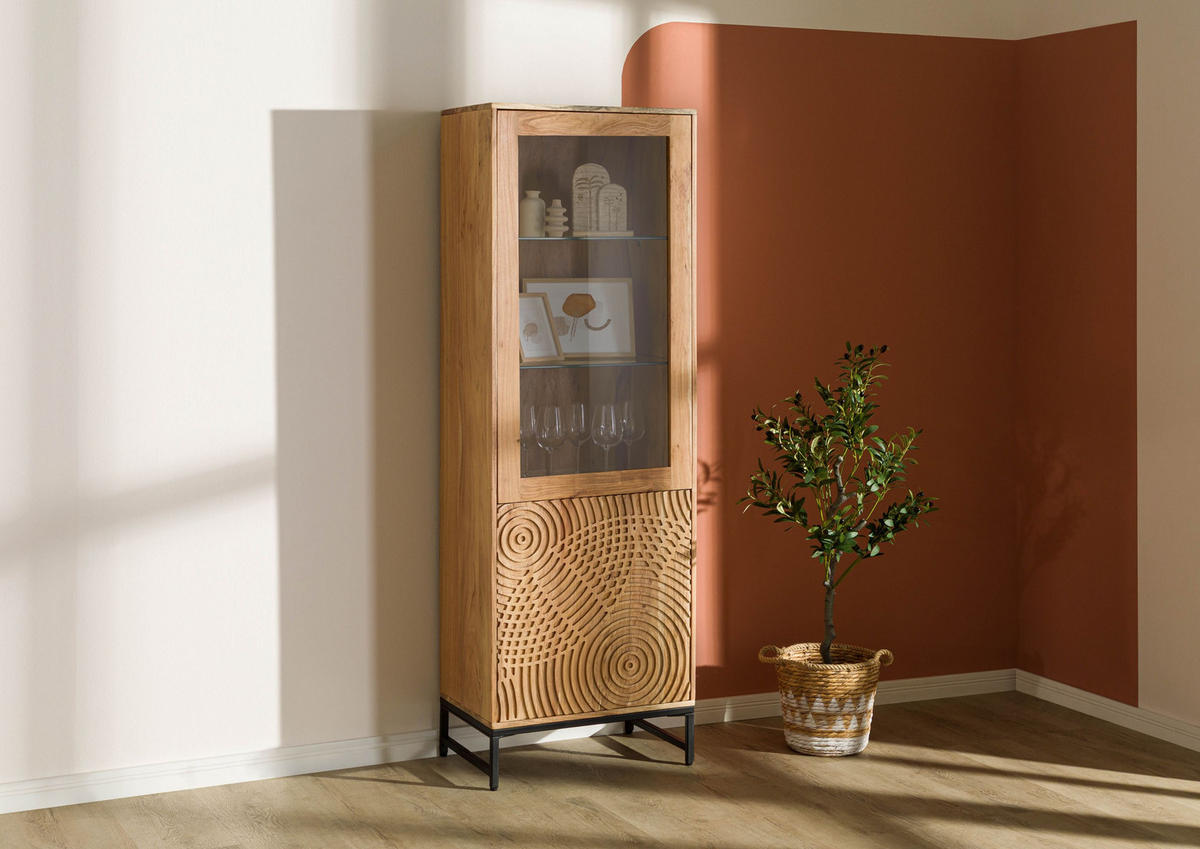 VITRINE Akazie 60x40x180 natur lackiert MARRAKESCH #110 - Braun, Holz (60/180/40cm) - Massivmoebel24