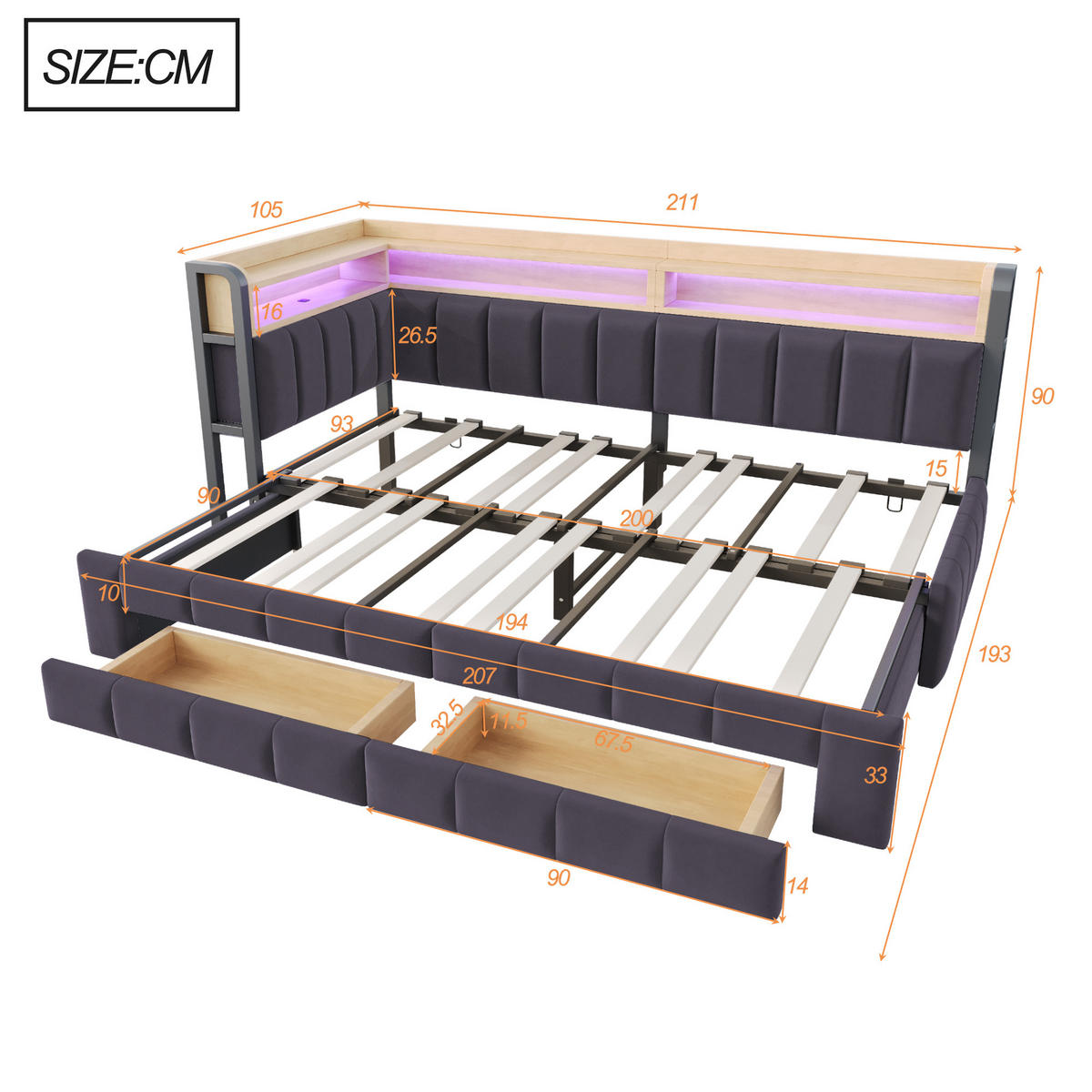AUSZIEHBETT 90/180/200 cm DE-32703 mit Stauraum und LED Dunkelgrau - Dunkelgrau, Metall (90/200cm) - ComfortXL