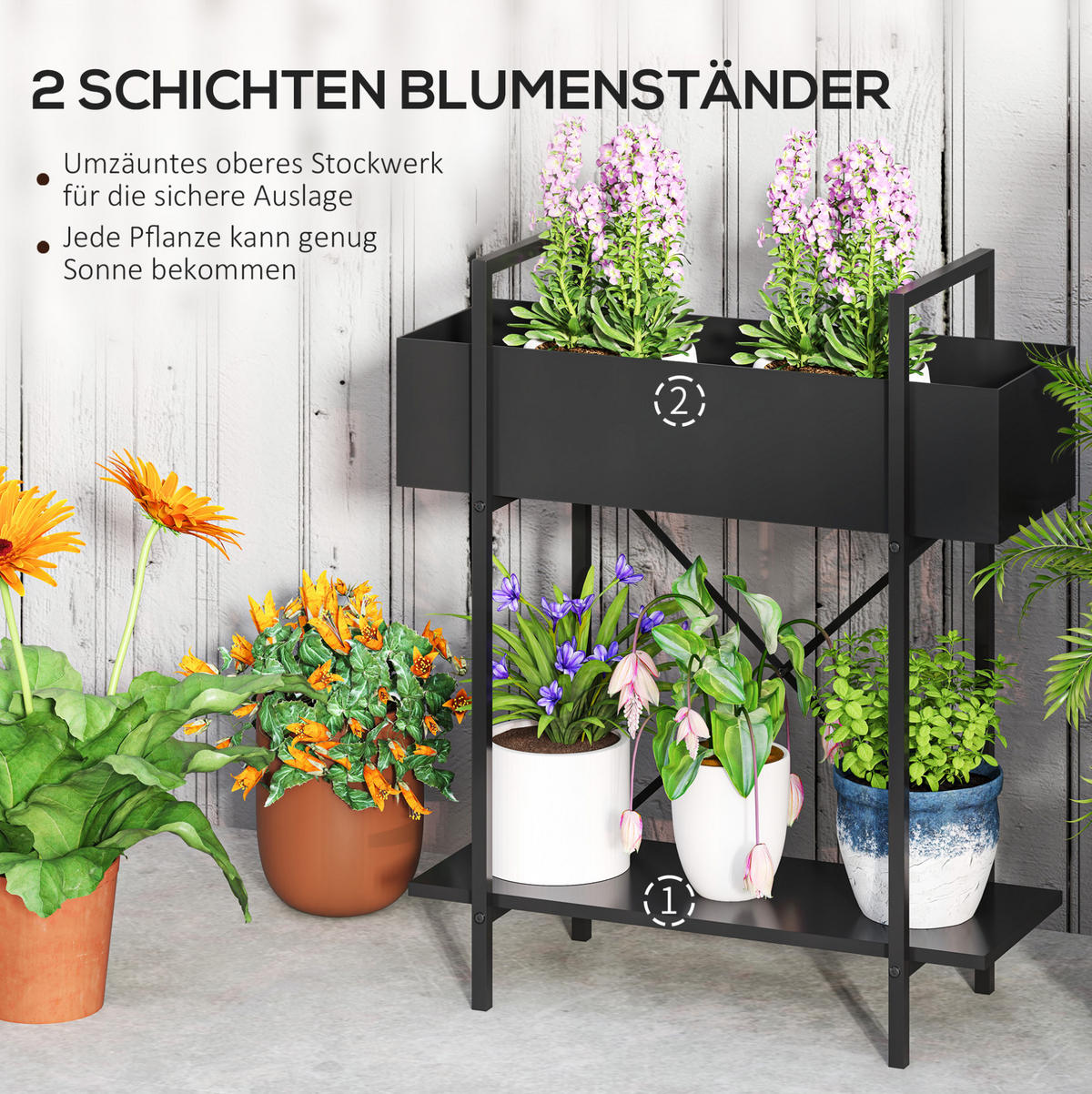 BLUMENSTÄNDER 60/25/70 cm aus Metall mit 2 Ebenen, Ablauflöchern und X-Rückenstruktur, Schwarz - Schwarz, Metall (25/70/60cm) - Redom