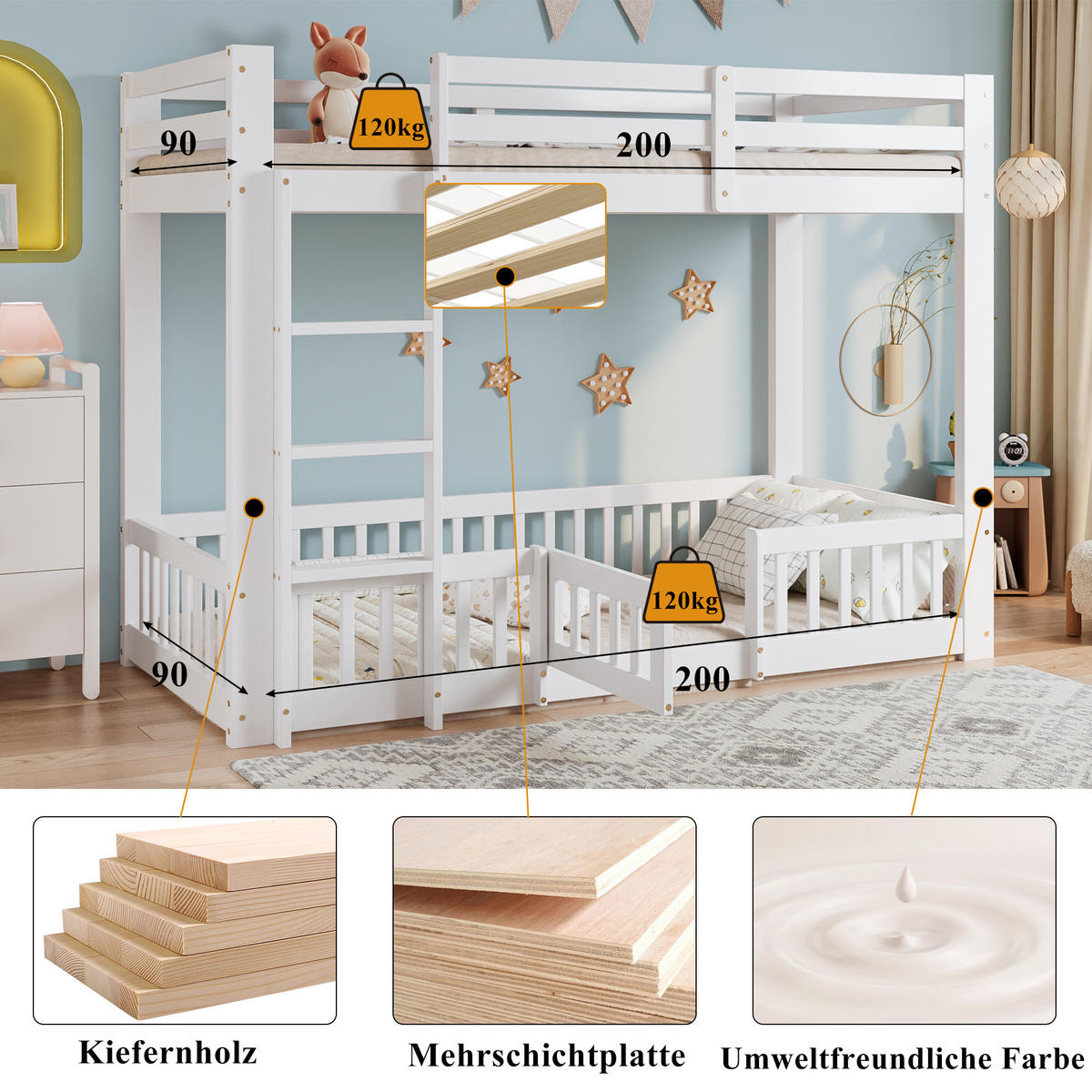 ETAGENBETT 90x200 cm Treppe Tür weiß - Weiß, Holz (90/200cm) - LEBENLANG