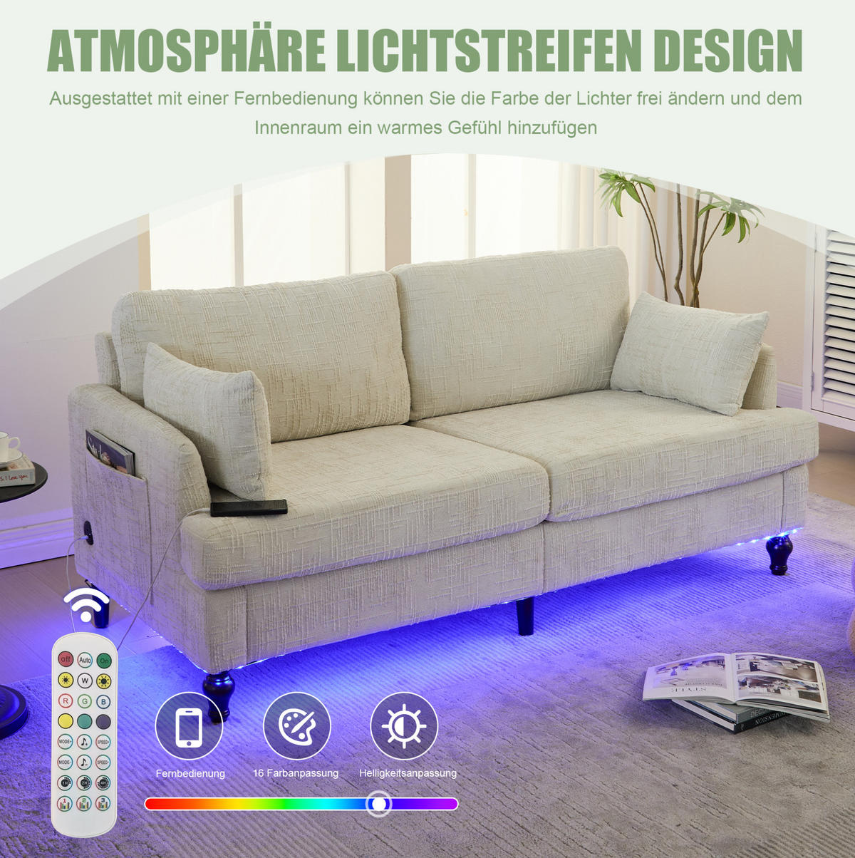 DVOJMÍSTNÁ pohovka 175/83/78 cm béžová z chenille s USB nabíjením, LED osvětlením a úložnou kapsou - béžová, textil (175/78/83cm) - OKWISH