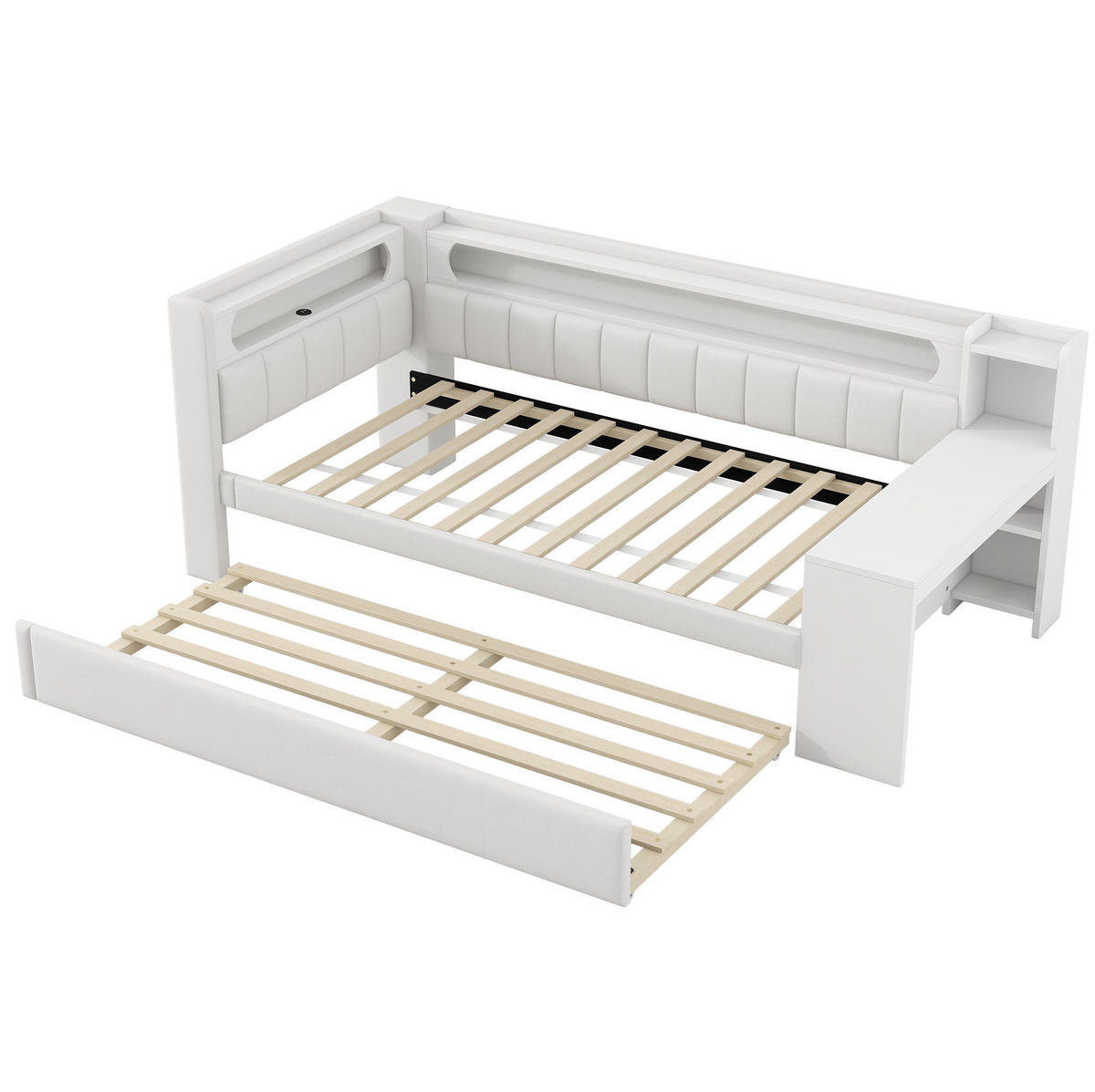 POLSTERBETT aus MDF, Sperrholz und Leinen 90x200 cm Weiß mit LED-Beleuchtung, USB-Anschluss, Ausziehbett und Schreibtisch - Weiß, Holzwerkstoff (90/200cm) - Modfu