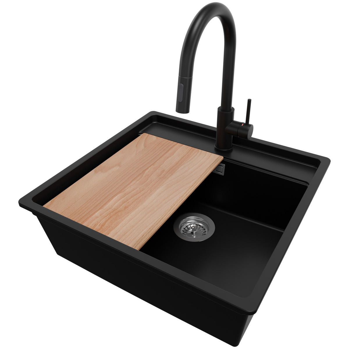 UNTERBAUSPÜLE GRANIT Bergen, 2-er set Schwarz 56/53 cm 1 Becken + Küchenarmatur 40/20 cm + Ablauf-Set + Schneidebrett ab 60er Unterschrank - Chromfarben/Beige, Kunststoff (56/20/53cm) - Primagran