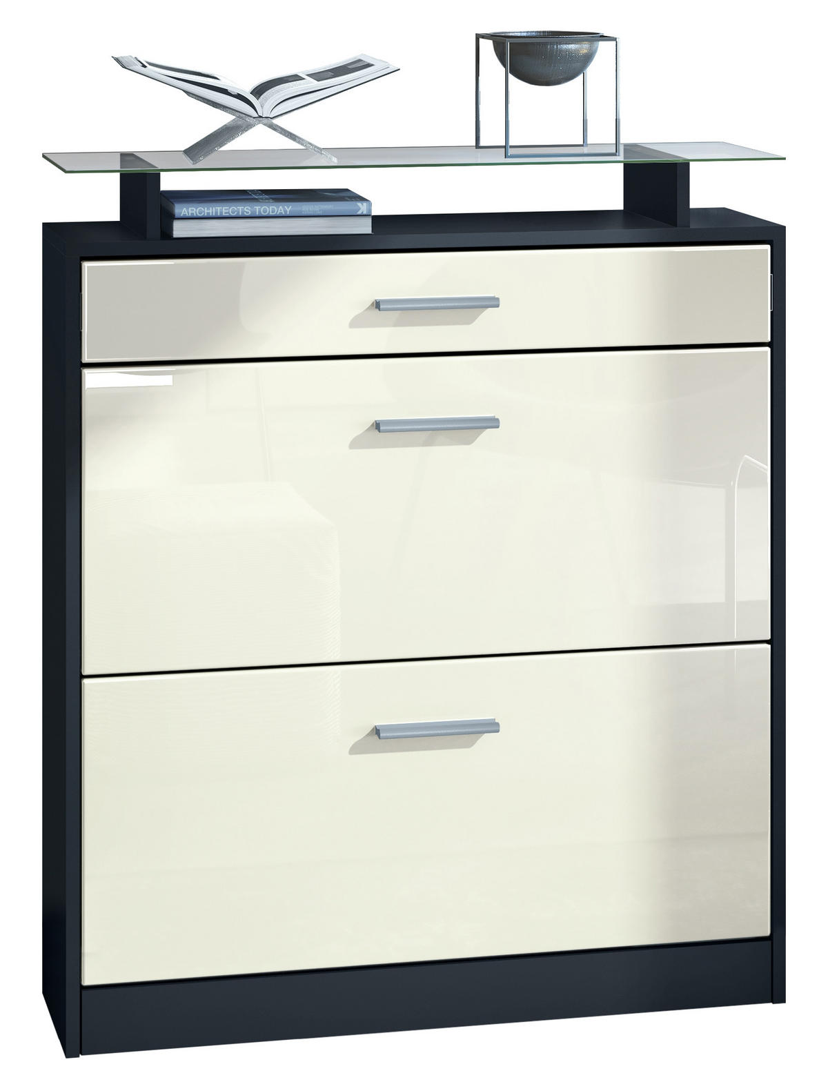 SCHUHSCHRANK Loret Front in Creme Hochglanz - Creme, Holzwerkstoff (89/104/23cm) - Vladon