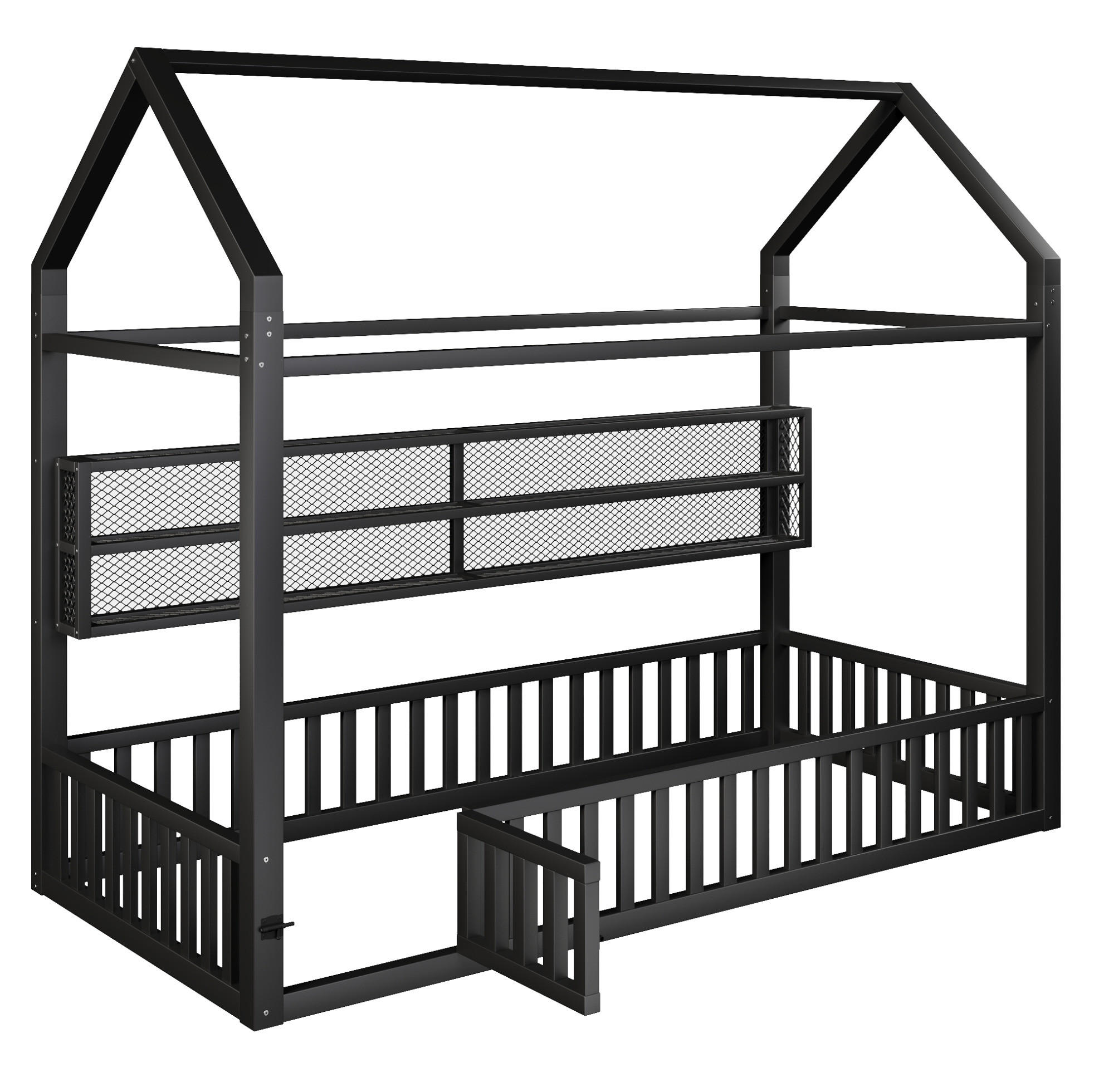 HAUSBETT aus Metall 90x200 cm Schwarz mit Sicherheitszaun, LED-Beleuchtung und Hausdesign - Schwarz, Metall (90/200cm) - Modfu