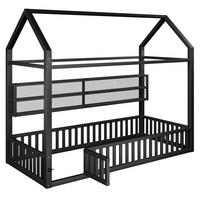 HAUSBETT aus Metall 90x200 cm Schwarz mit Sicherheitszaun, LED-Beleuchtung und Hausdesign - Schwarz, Metall (90/200cm) - Modfu