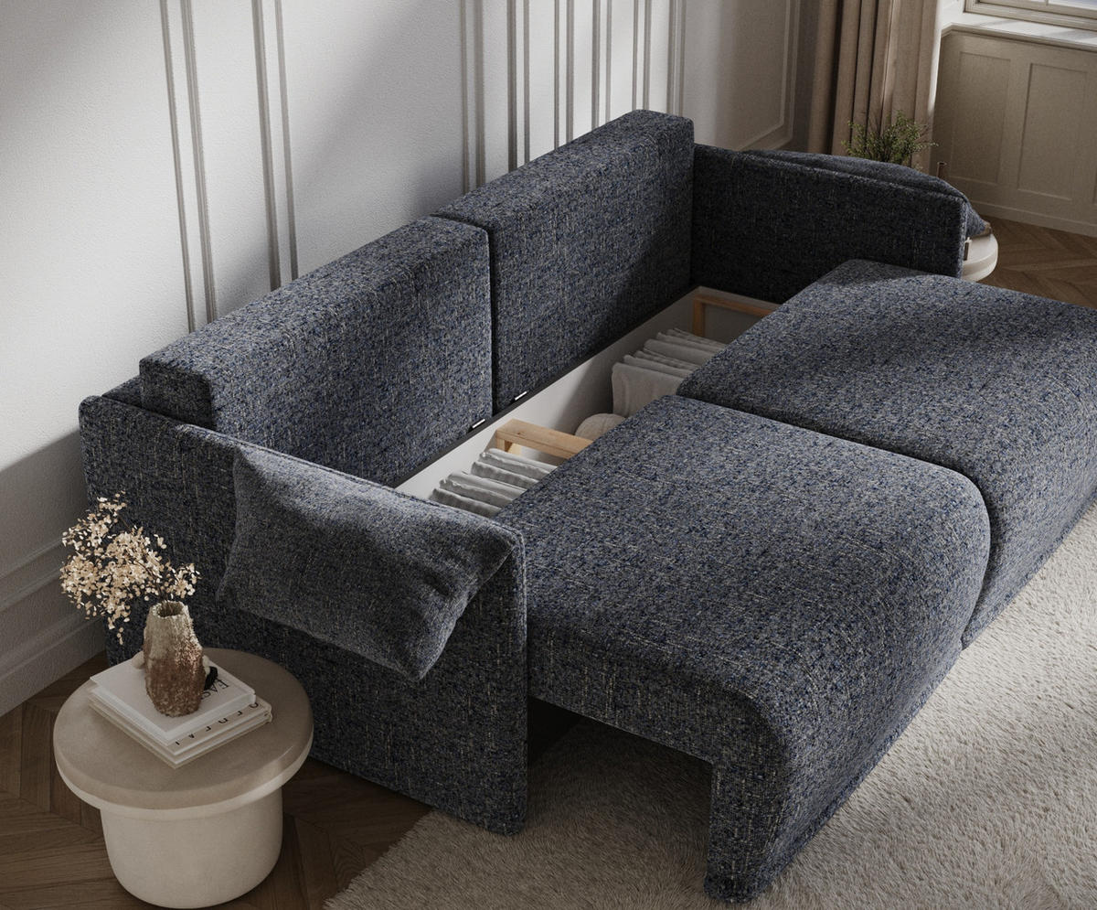 SCHLAFSOFA MIT ECKSOFA-FUNKTION Nappa Marineblau Webstoff - Schwarz/Dunkelblau, Holz/Holzwerkstoff (215/100/112cm) - Maison de Reve
