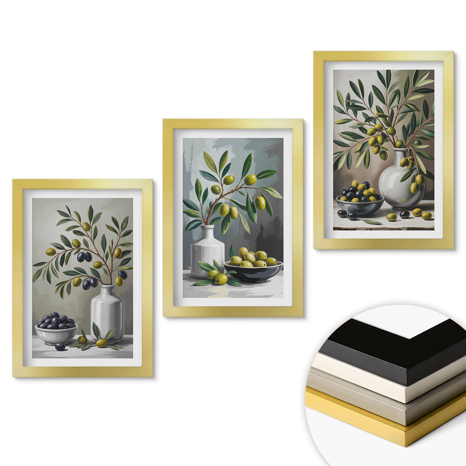 WANDBILDER 3er Set - 20x30 cm Goldrahmen - Keramik olivgrau - Goldfarben, Kunststoff (20/30cm) - ArtPrintCave