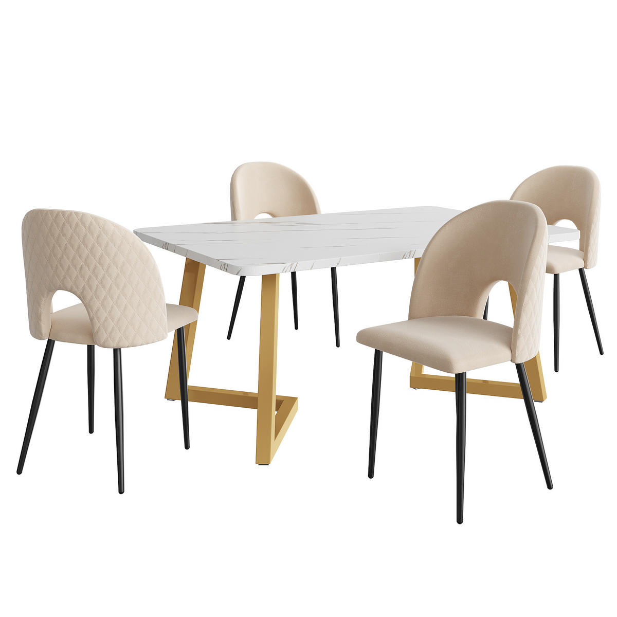 ESSGRUPPE Esstisch 4 Stühle Samt Beige Gold 117x68cm - Beige, Textil (117/75/68cm) - FLIEKS