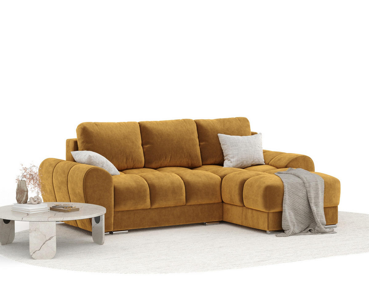 ECKSOFA MIT SCHLAFFUNKTION Peebles Honigfarbe Samtstoff - Chromfarben/Honig, Holz/Holzwerkstoff (256/175cm) - Maison de Reve