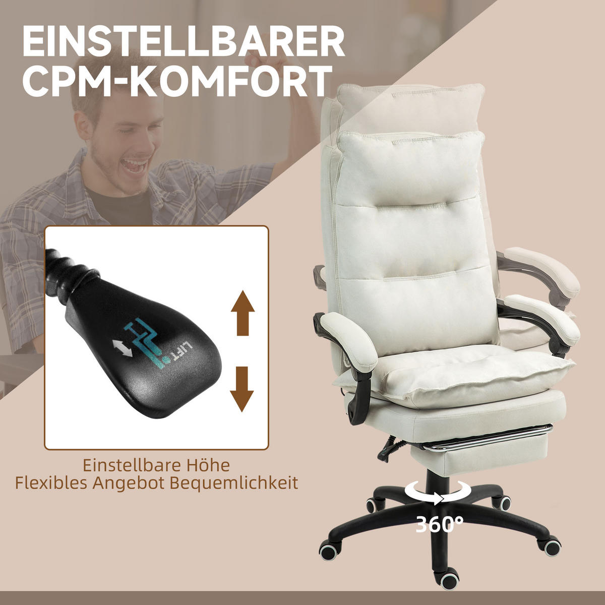 BÜROSTUHL mit 6 Punkt Massage, ergonomischer Gaming Sessel mit Liegefunktion - Creme, Kunststoff (62/130/70cm) - Vinsetto