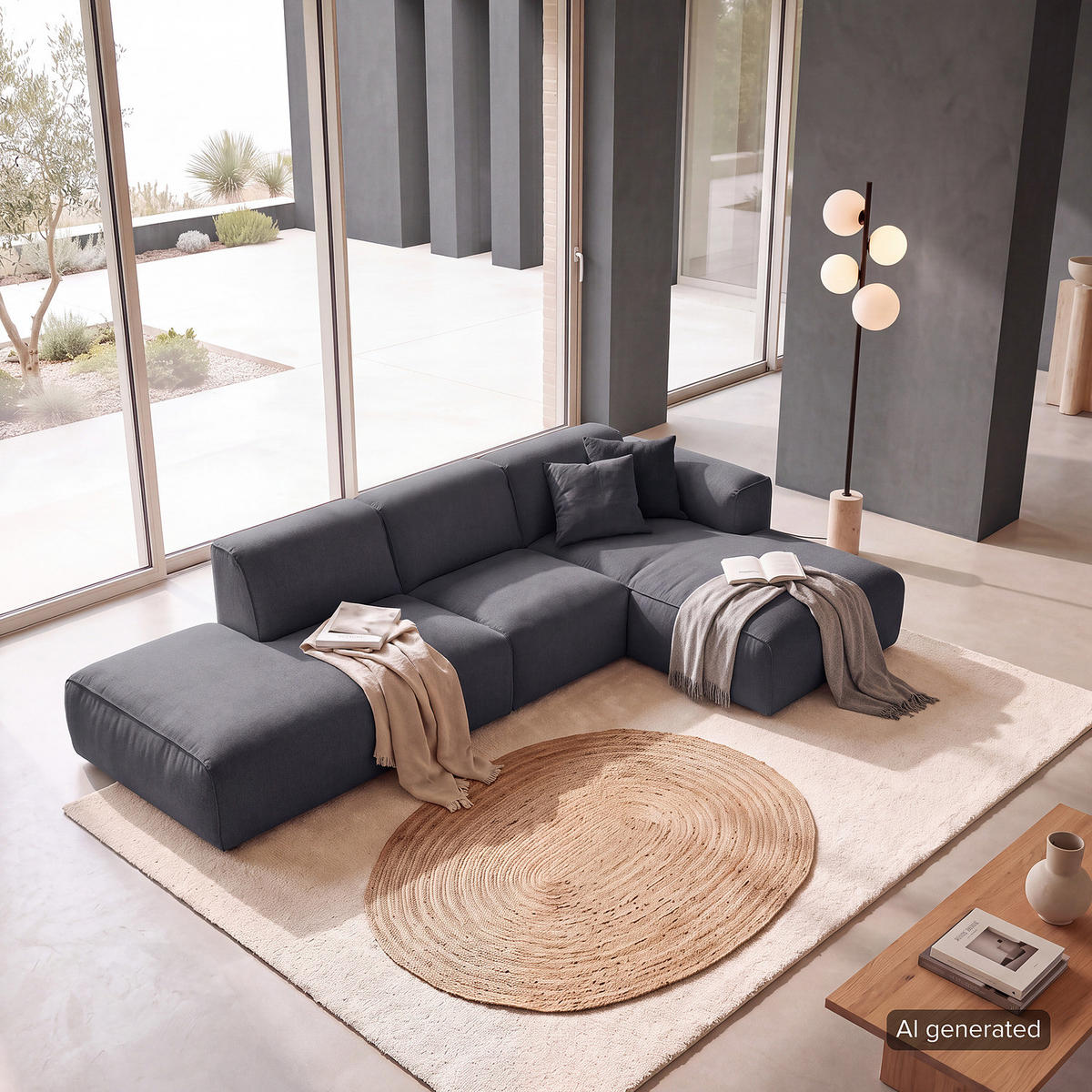 ECKSOFA mit Chaiselongue - Schwarz/Grau, Kunststoff/Textil (290/173cm) - home24