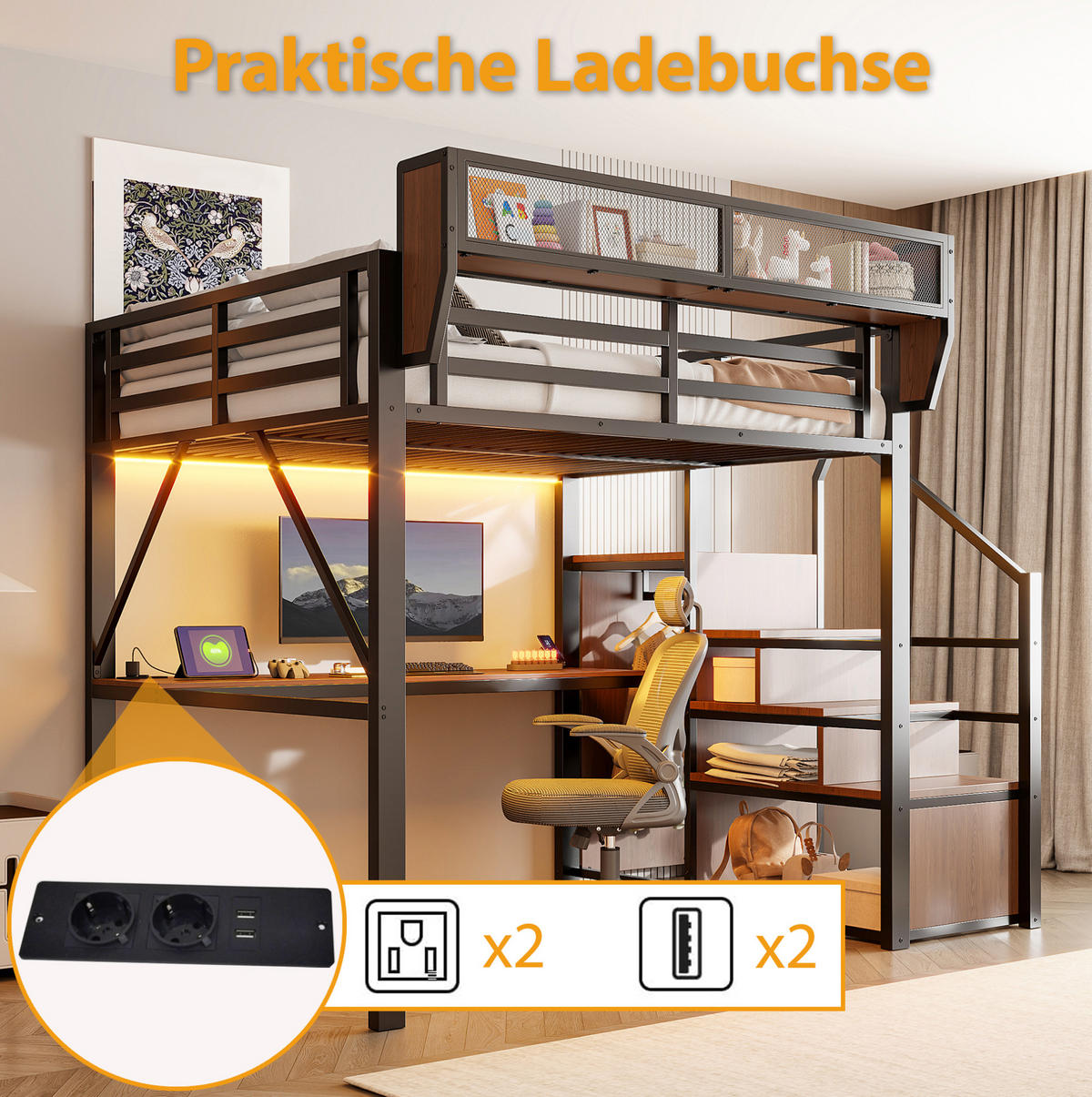 HOCHBETT 140/200 cm aus Metall mit Schreibtisch und LED, Schwarz - Schwarz, Metall (140/200cm) - OKMYHOME
