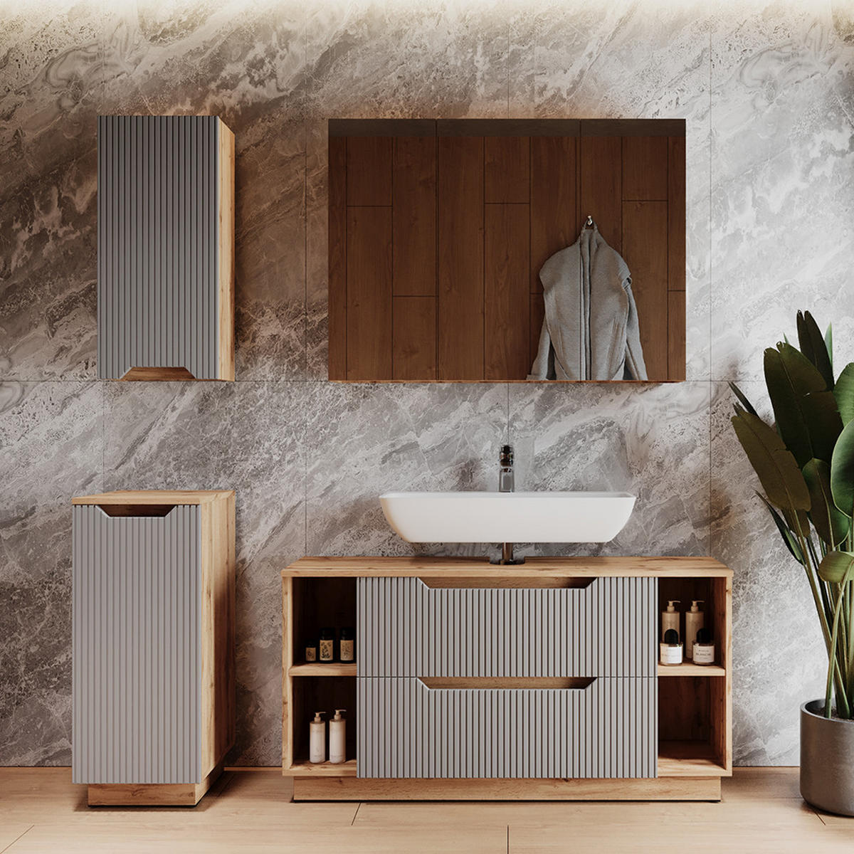 BADMÖBEL-SET Lotta Eiche/grau gestreift 4 Teile - Eichefarben/Grau, Holzwerkstoff (119.2/62.5/35cm) - Vicco