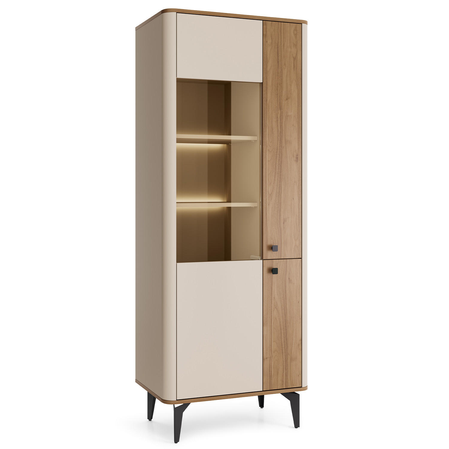 VITRINE Aurora Glasschrank mit Hartglas, mit LED-Beleuchtung, Nussbaum+Kaschmir - Kaschmir/Nussbaumfarben, Holzwerkstoff/Metall (73/190/40cm) - Beautysofa
