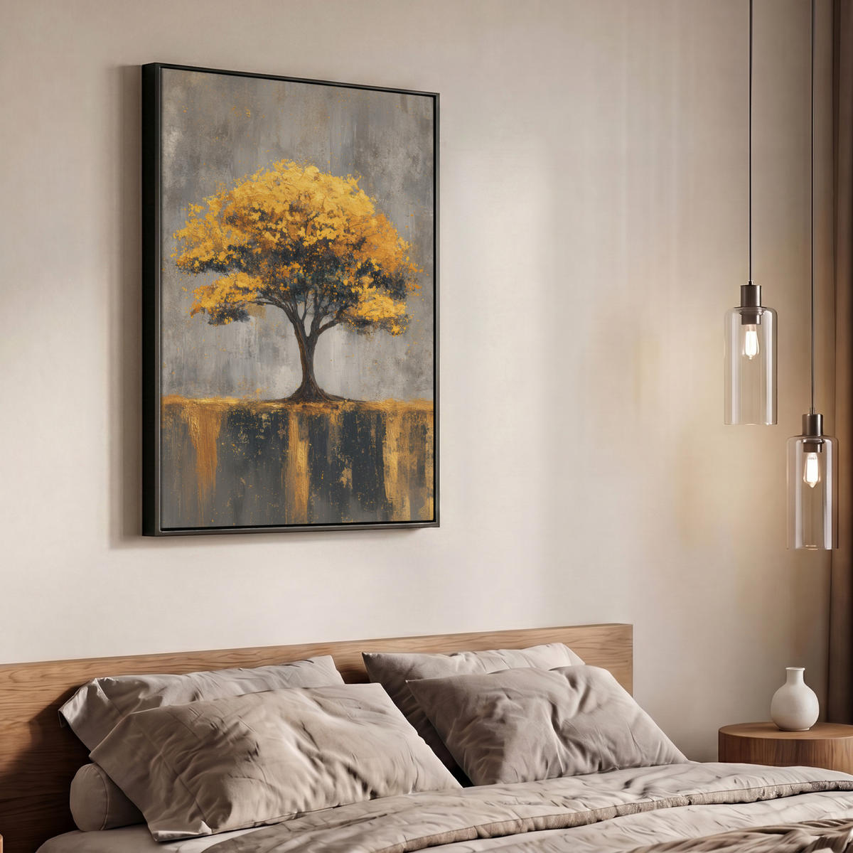 LEINWAND Bilder mit Rahmen - Baum - Blätter - Gold - Abstrakt - 70x100 - Grau, Textil (70/100cm) - MuchoWow