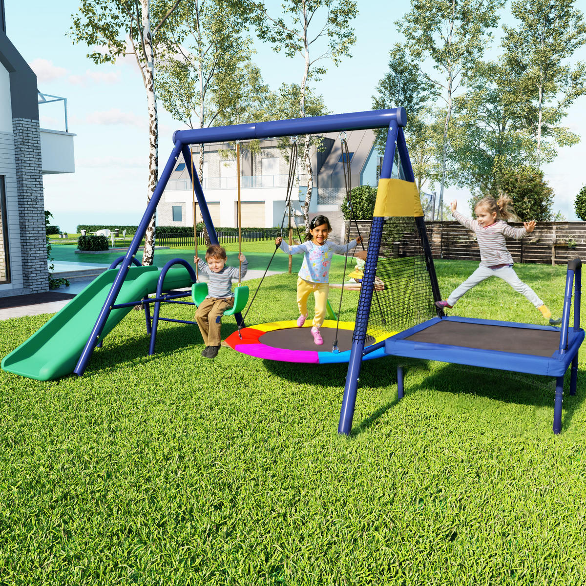 SCHAUCKELSET Kinder Rutsche Trampolin Nestschaukel Outdoor - Blau, Metall (198/183/335cm) - FLIEKS