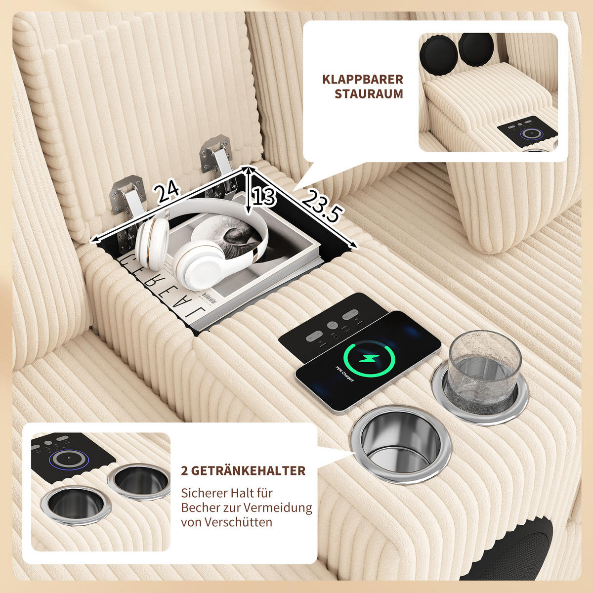 WOHNLANDSCHAFT Cord Beige mit Stauraum, Bluetooth, USB und Type-C - Beige, Holzwerkstoff/Kunststoff (315.5/84.5/144cm) - WISHDOR