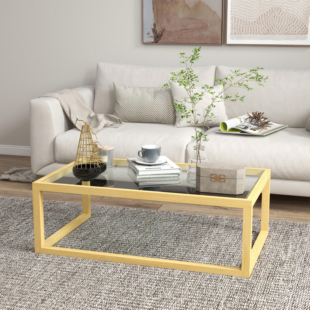 COUCHTISCH DE-15831 mit Glasplatte Hellholz - Naturfarben, Holzwerkstoff (100/60/35cm) - ComfortXL