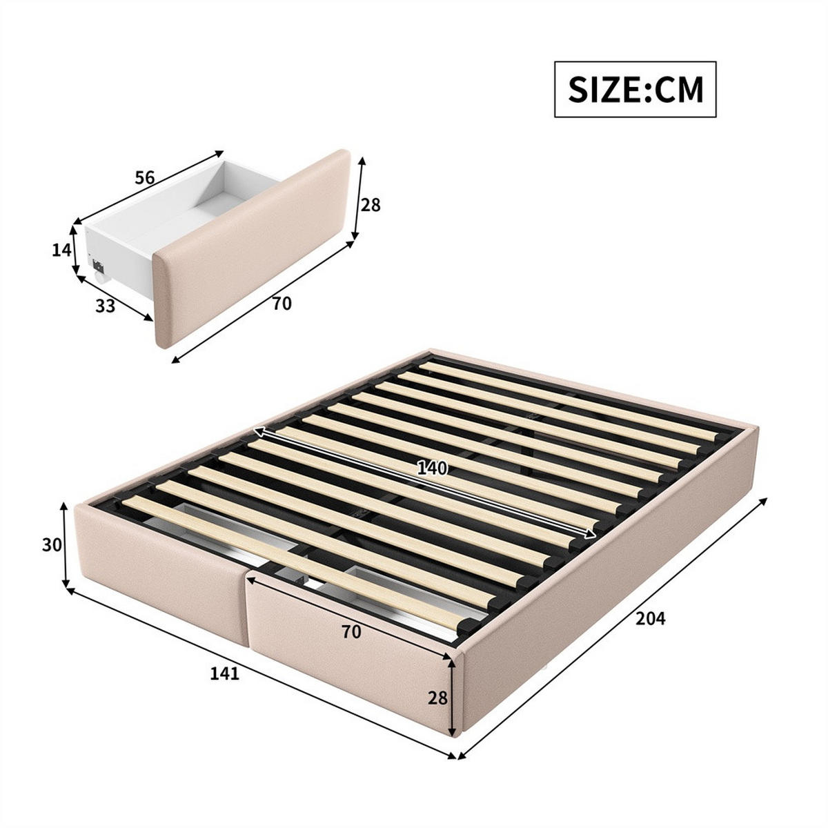 POLSTERBETT 140x200 cm ohne Kopfteil - Hydraulischer Bettkasten und 2 Fußteil-Schubladen - ohne Matratze - Beige - Beige, Textil (140/200cm) - DELFA