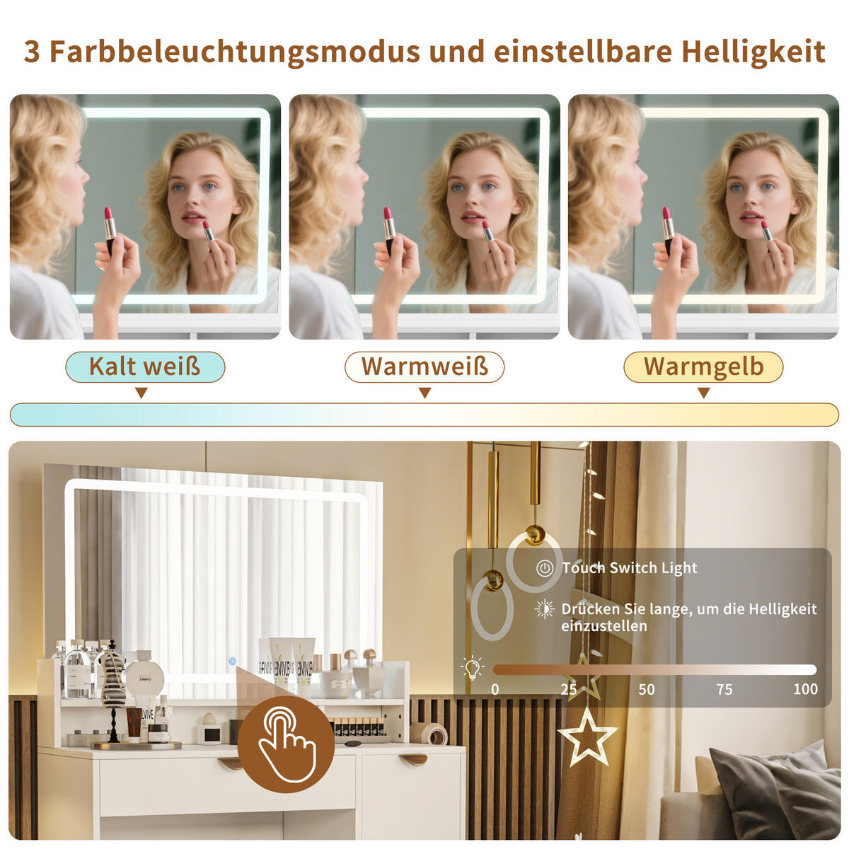 SCHMINKTISCH LED USB 4 Schubladen Hocker weiß - Weiß, Holz (40/140/90cm) - Fortuna Lai