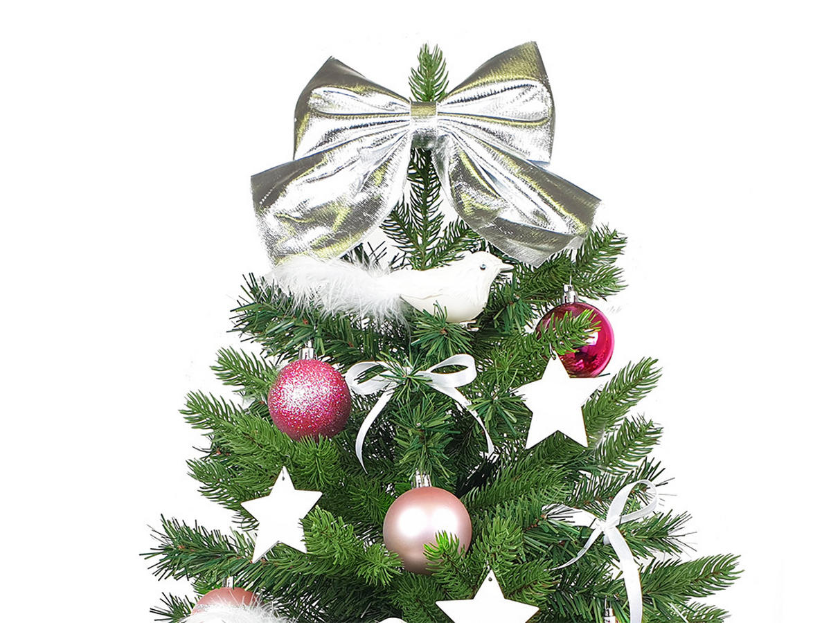 WEIHNACHTSBAUM künstlicher 60 cm mit LED-Beleuchtung, ROSENFEST, mit 35 Weihnachtsbaumschmuck, Pflanztopf mit Jutesack - Pink/Silberfarben, Kunststoff/Stein (40/60cm) - LAALU