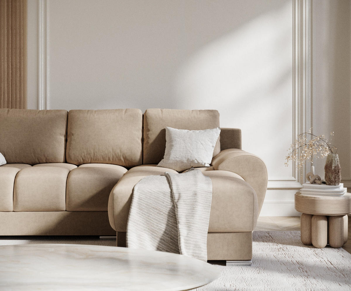 ECKSOFA MIT SCHLAFFUNKTION Peebles Beige Samtstoff - Chromfarben/Beige, Holz/Holzwerkstoff (256/175cm) - Maison de Reve