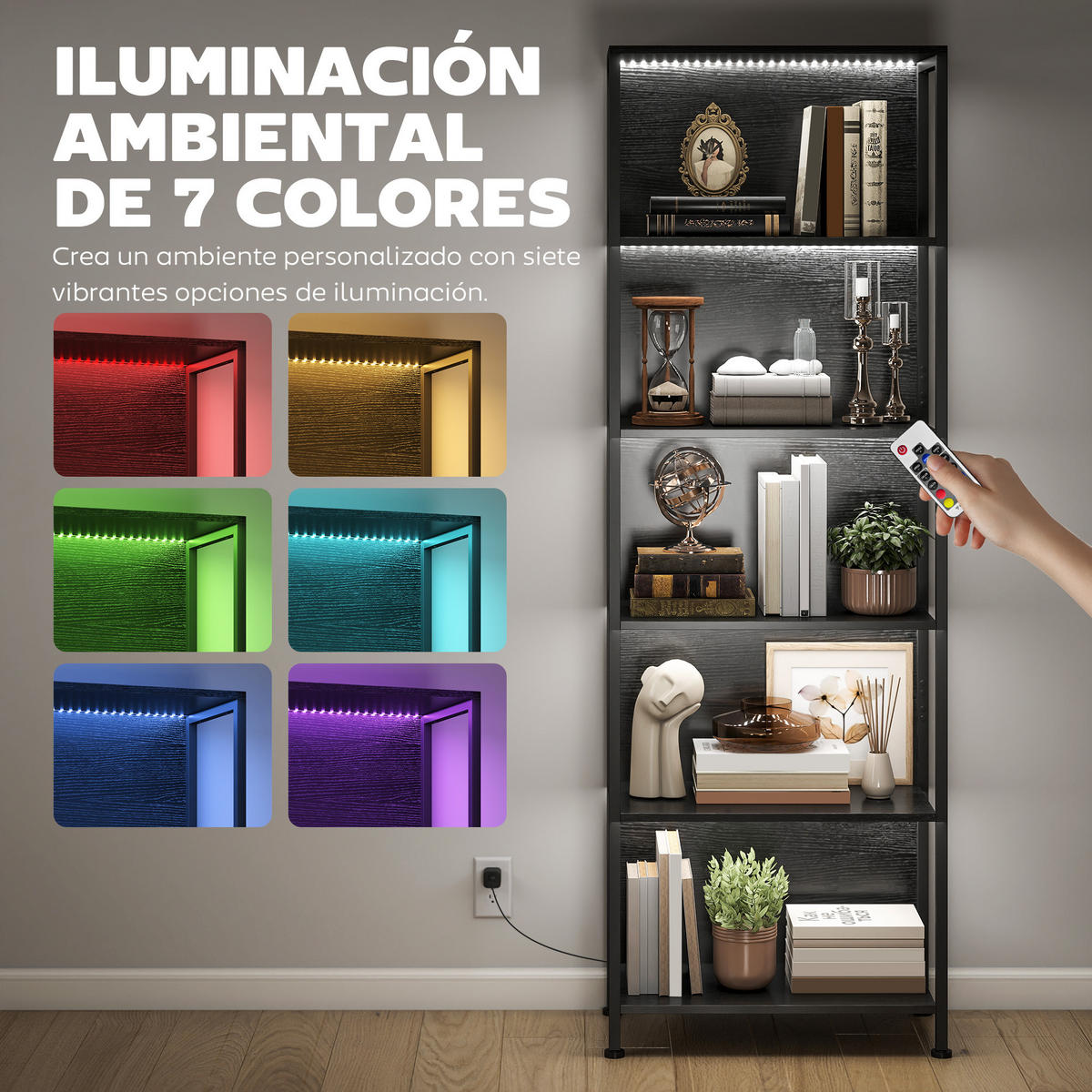 BÜCHERREGAL,5-STÖCKIG 7-farbige LED 60x30x179cm,schwarz - Schwarz, Holzwerkstoff (60/179/30cm) - Vallsero