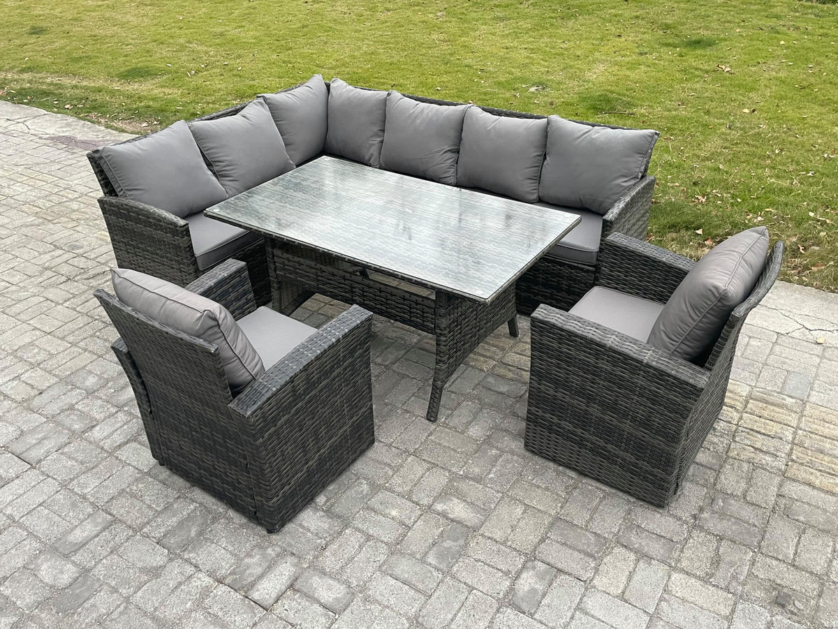 SITZGRUPPE mit Esstisch Polyrattan Dunkelgrau 8-Sitzer - Dunkelgrau/Grau, Glas/Kunststoff - Fimous