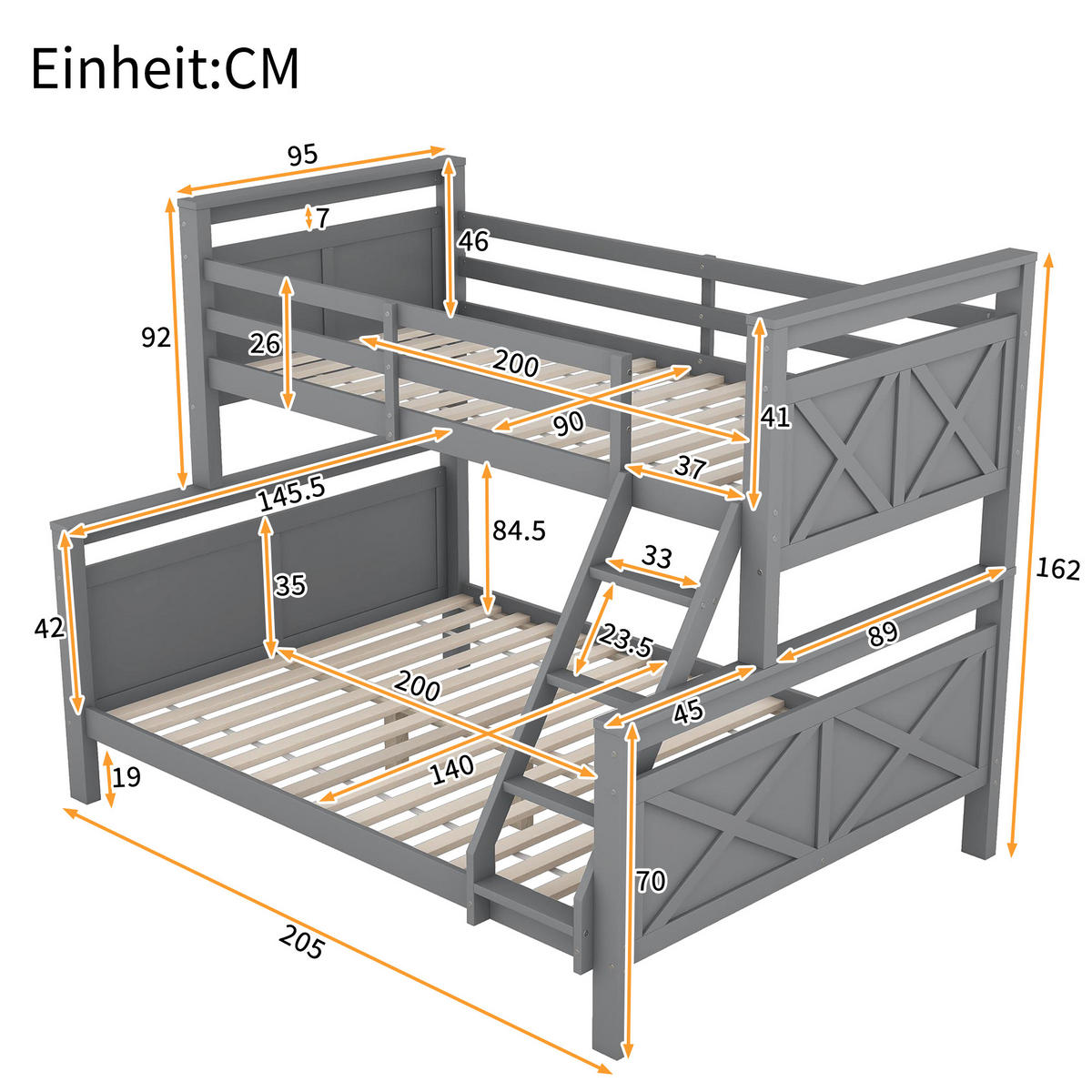 ETAGENBETT 90/200 cm grau mit Sicherheitsgeländer und umbaubar in 2 getrennte Betten - Grau, Holz (140/200cm) - OKWISH