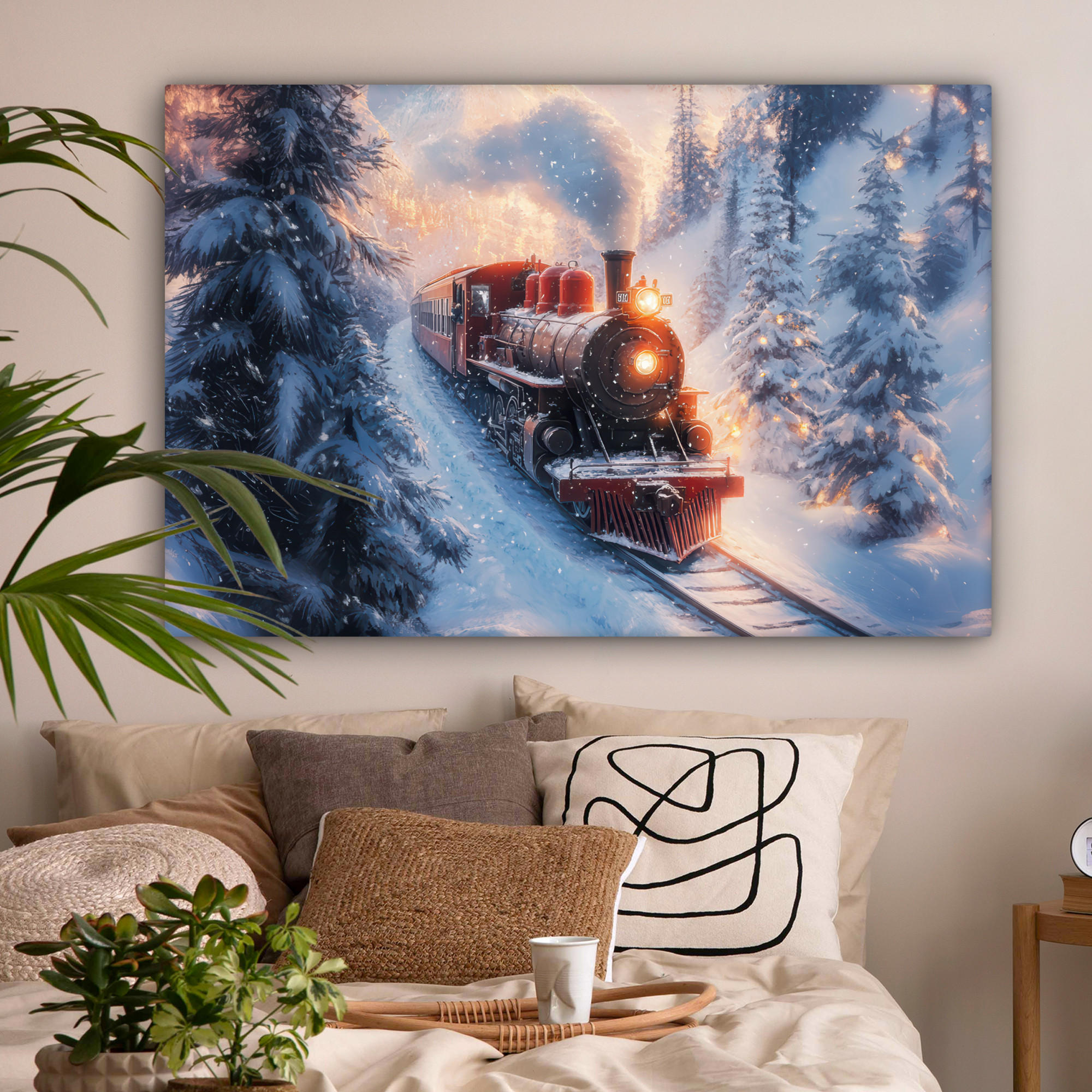 LEINWANDBILD Weihnachtszug - Schnee - Winter - Weihnachten Wohnzimmer 120x80 cm - Dunkelrot, Textil (120/80cm) - MuchoWow