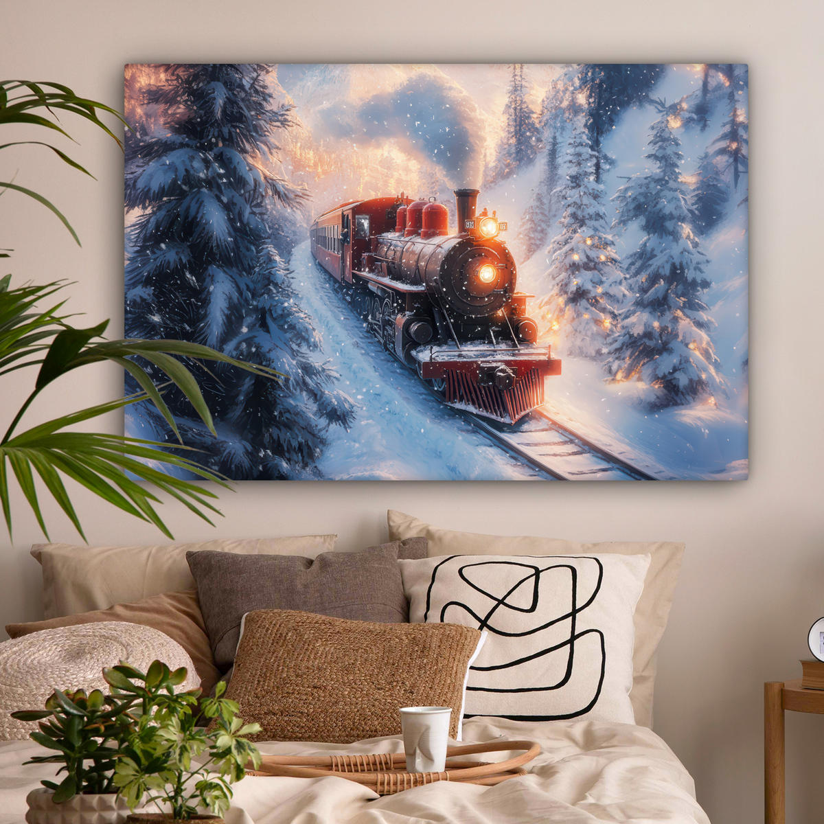 LEINWANDBILD Weihnachtszug - Schnee - Winter - Weihnachten Wohnzimmer 120x80 cm - Dunkelrot, Textil (120/80cm) - MuchoWow