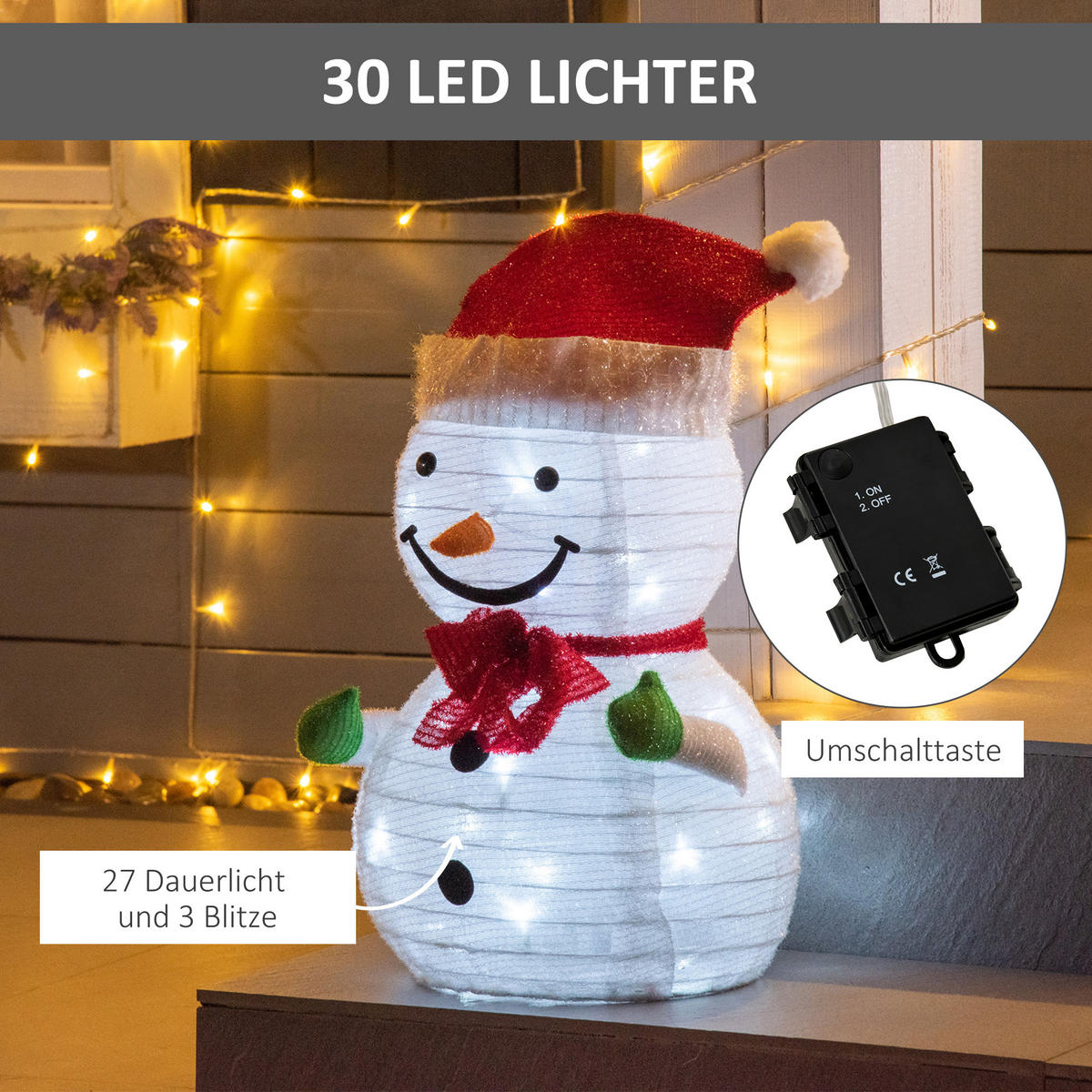 WEIHNACHTSDEKORATION mit LED-Lichter, faltbar , Polyester, Grün+Rot+Weiß - Rot/Weiß, Kunststoff (30/51/30cm) - Outsunny