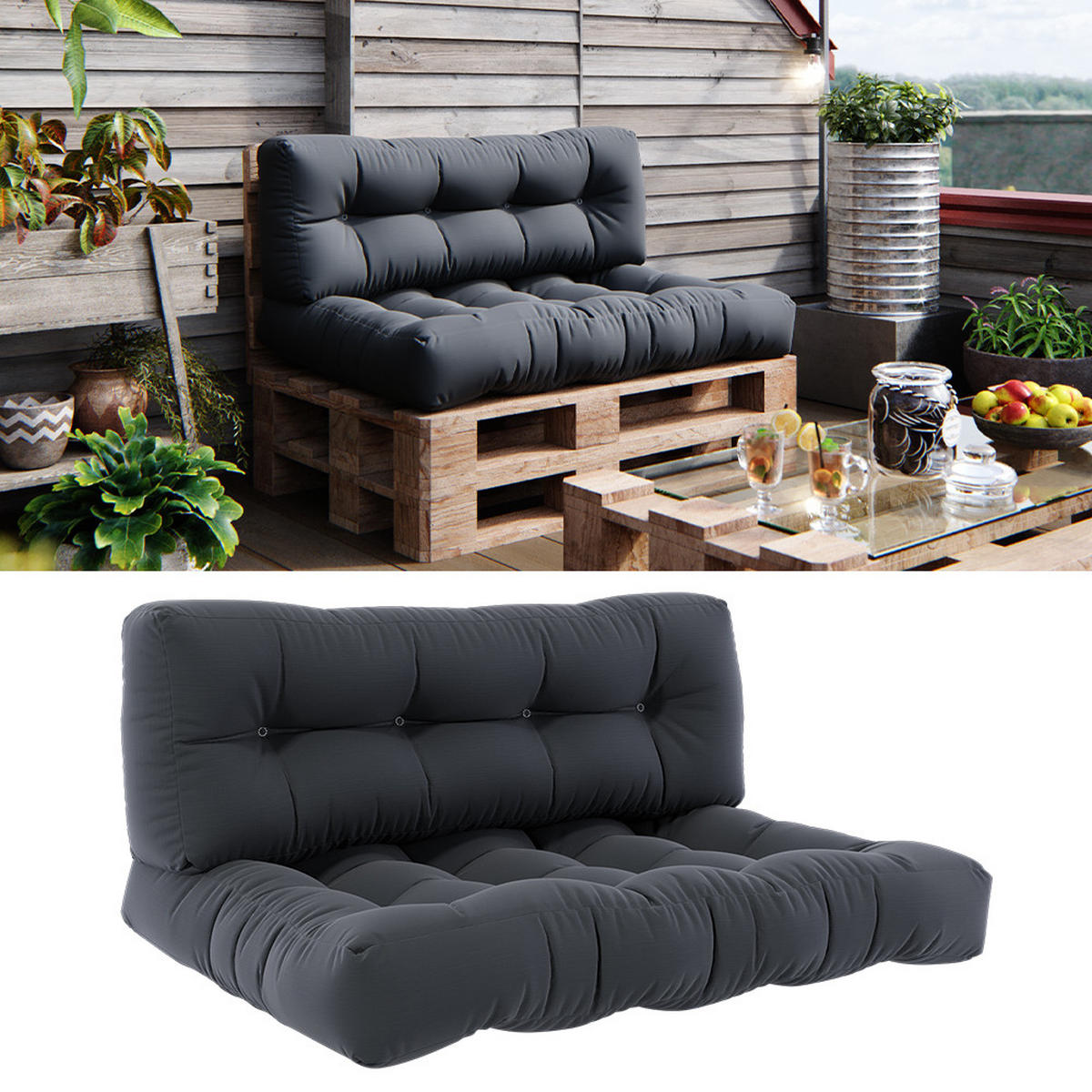 SET JASTUKA ZA PALETE Flocken Grafitna 120 x 80 cm 2 dijela - boje grafita, tekstil (120/80/15cm) - Vicco