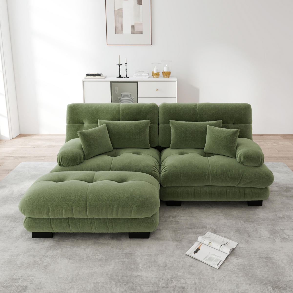 ECKSOFA aus Chenille 145x220x81 cm in Grün mit Ottomane & Kissen - Grün, Textil (145/81/220cm) - Modfu