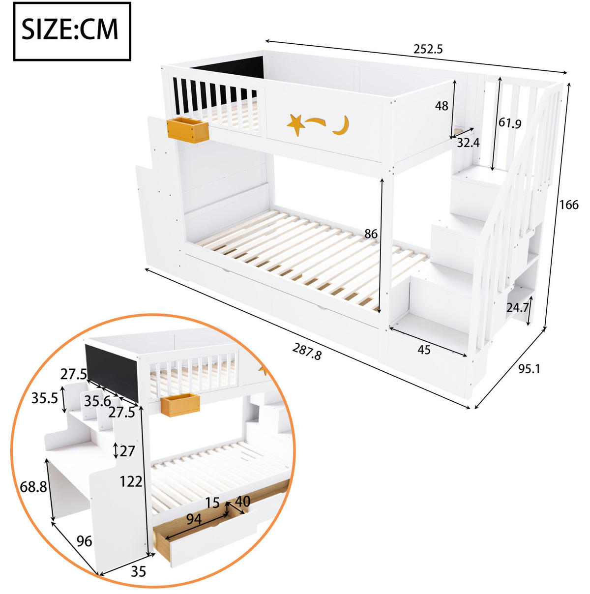 ETAGENBETT 90/200 cm aus Kiefernholz mit Schreibtisch und Treppe, Weiß - Weiß, Holz (90/200cm) - OKMYHOME