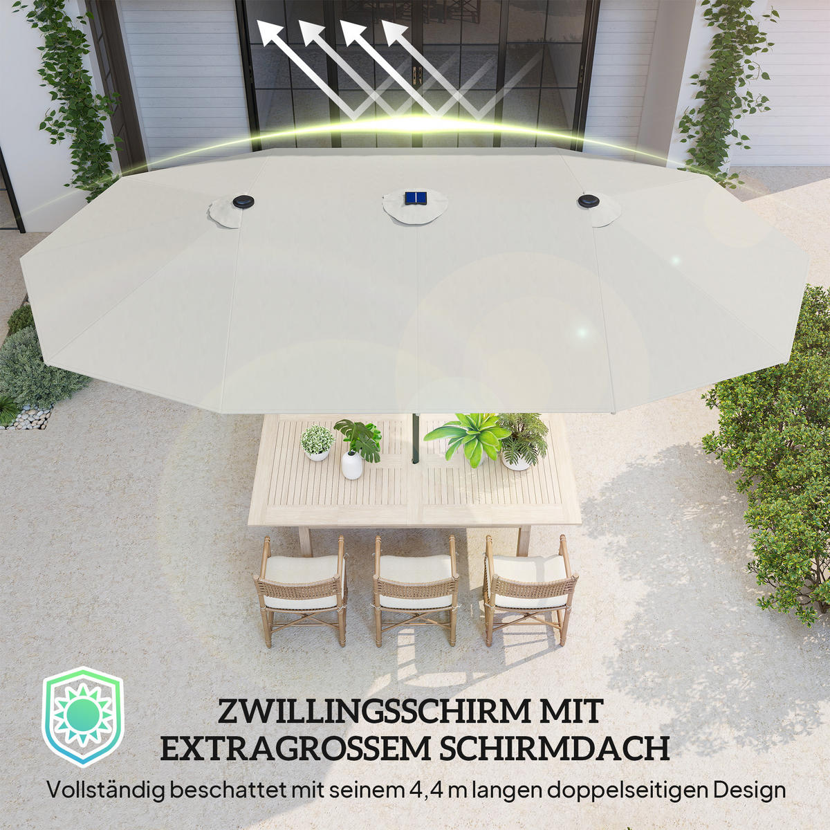 SONNENSCHIRM mit LED, Doppelsonnenschirm, Gartenschirm, Marktschirm, Oval, Metall, Cremeweiß - Weiß, Metall (440/256cm) - Outsunny