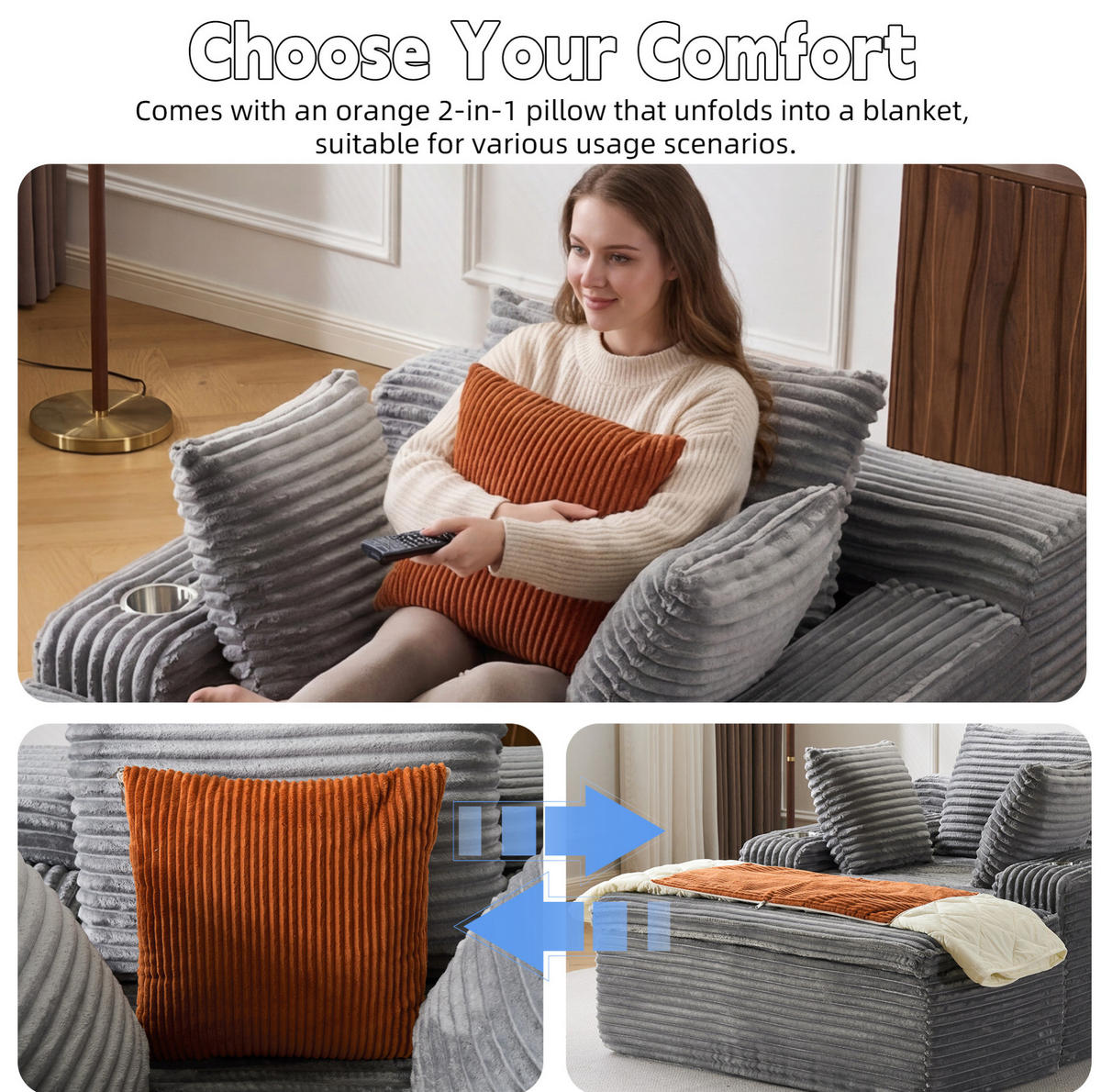 SOFA mit Chaise Lounge Grau Cord - Grau, Kunststoff (112/63/165cm) - Meubliv