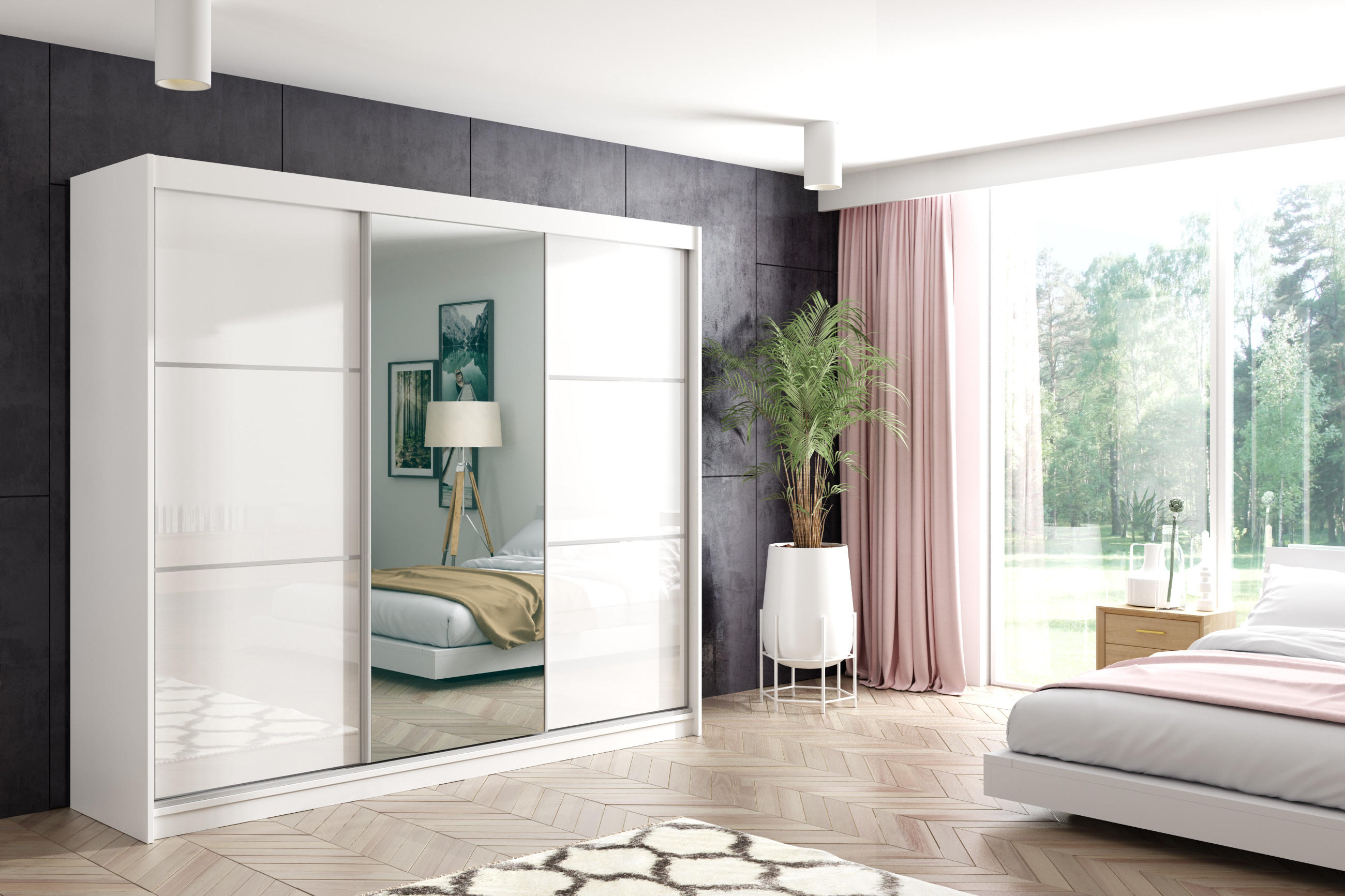 KLEIDERSCHRANK mit Spiegel-Schiebetüren und Aluminium-Leisten - VIVI - 180 cm Weiß - Weiß, Holzwerkstoff (180/216/61cm) - ALTDECOR