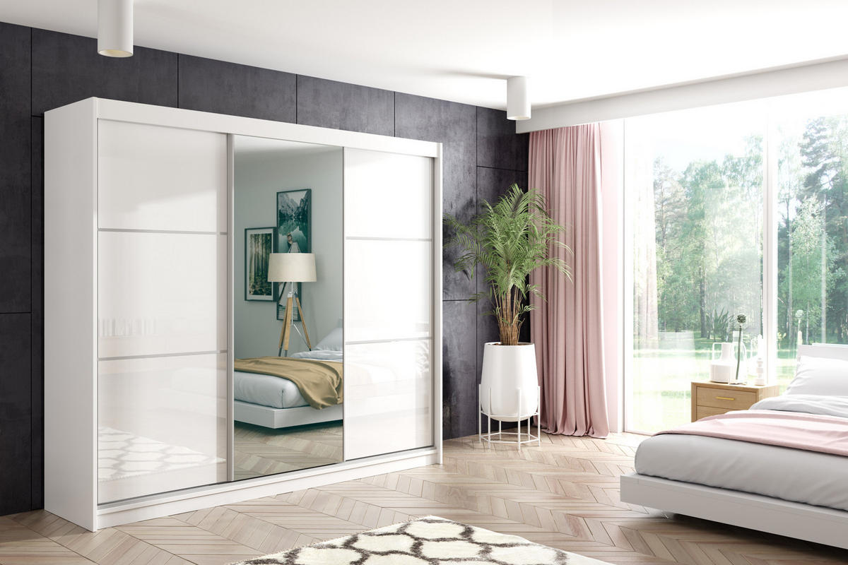 KLEIDERSCHRANK mit Spiegel-Schiebetüren und Aluminium-Leisten - VIVI - 180 cm Weiß - Weiß, Holzwerkstoff (180/216/61cm) - ALTDECOR